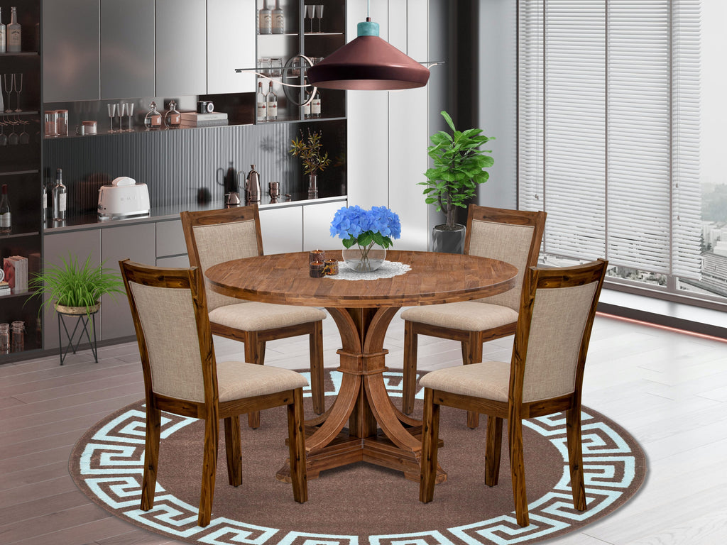 Luxe by East West Furniture I7MZ5-40N-04 5-Pc Kitchen Set Includes a Pedestal Dining Table and 4 Light Tan Linen Fabric Padded Chairs with Padded Back - Antique Walnut Finish