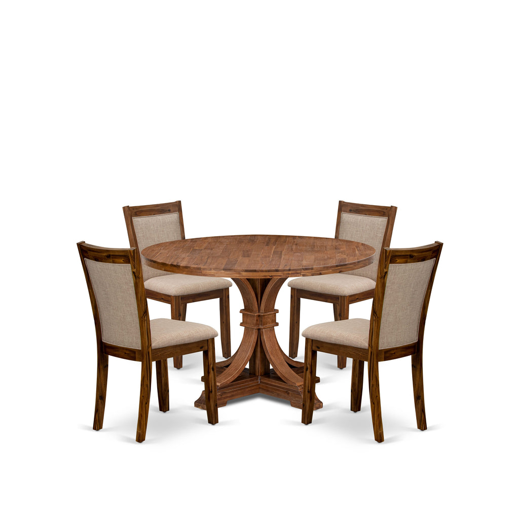 Luxe by East West Furniture I7MZ5-40N-04 5-Pc Kitchen Set Includes a Pedestal Dining Table and 4 Light Tan Linen Fabric Padded Chairs with Padded Back - Antique Walnut Finish