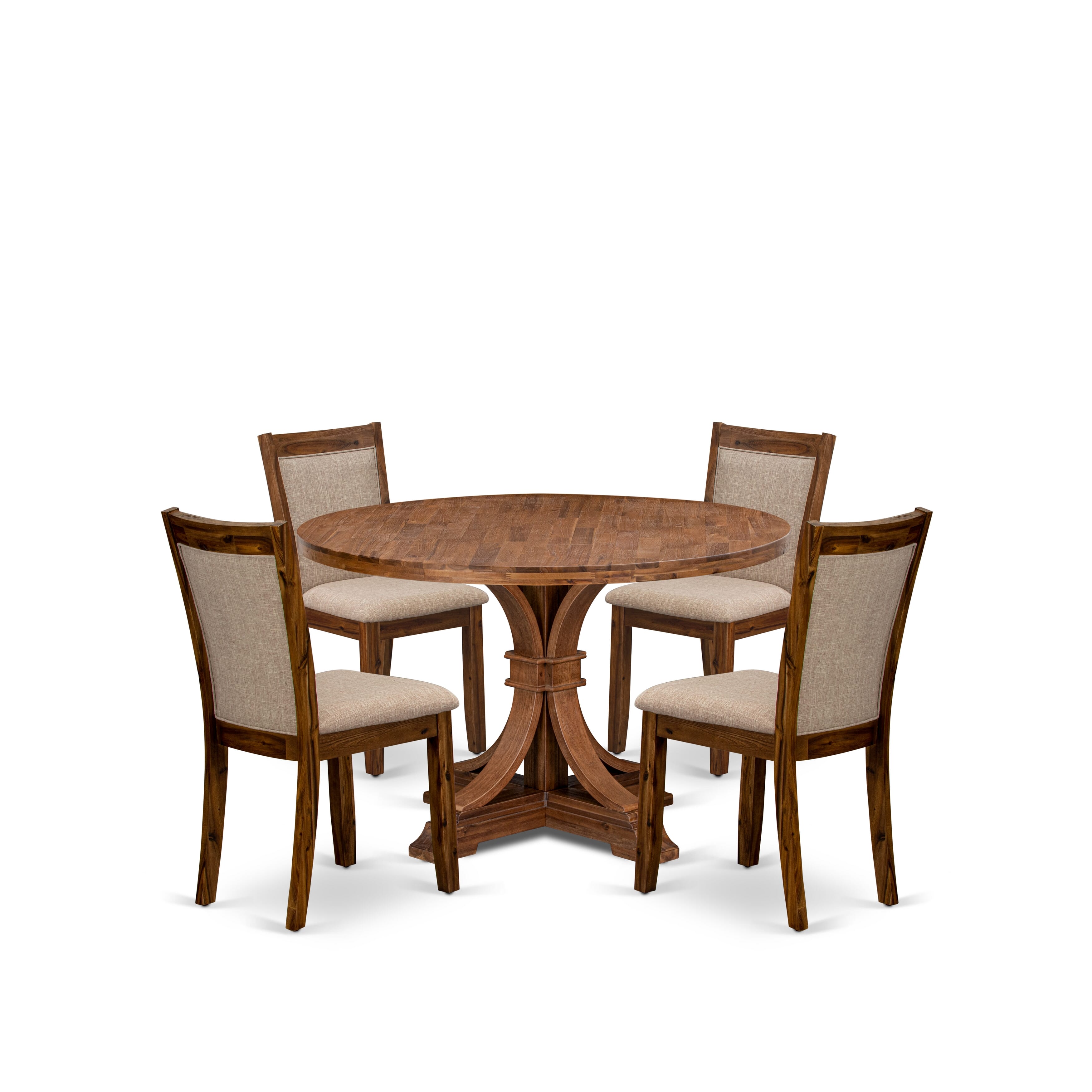 Luxe by East West Furniture I7MZ5-40N-04 5-Pc Kitchen Set Includes a Pedestal Dining Table and 4 Light Tan Linen Fabric Padded Chairs with Padded Back - Antique Walnut Finish
