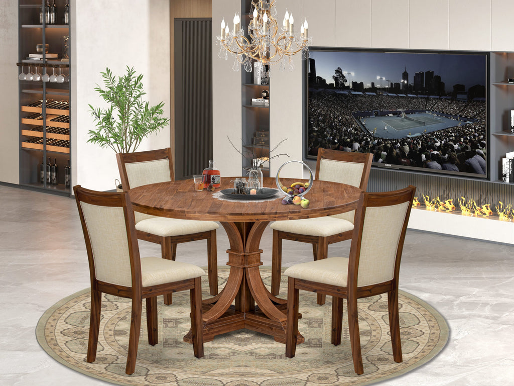 Luxe by East West Furniture I7MZ5-50N-02 5-Pc Kitchen Set Includes a Pedestal Wooden Table & 4 Light Beige Linen Fabric Kitchen Chairs with Padded Back - Antique Walnut Finish