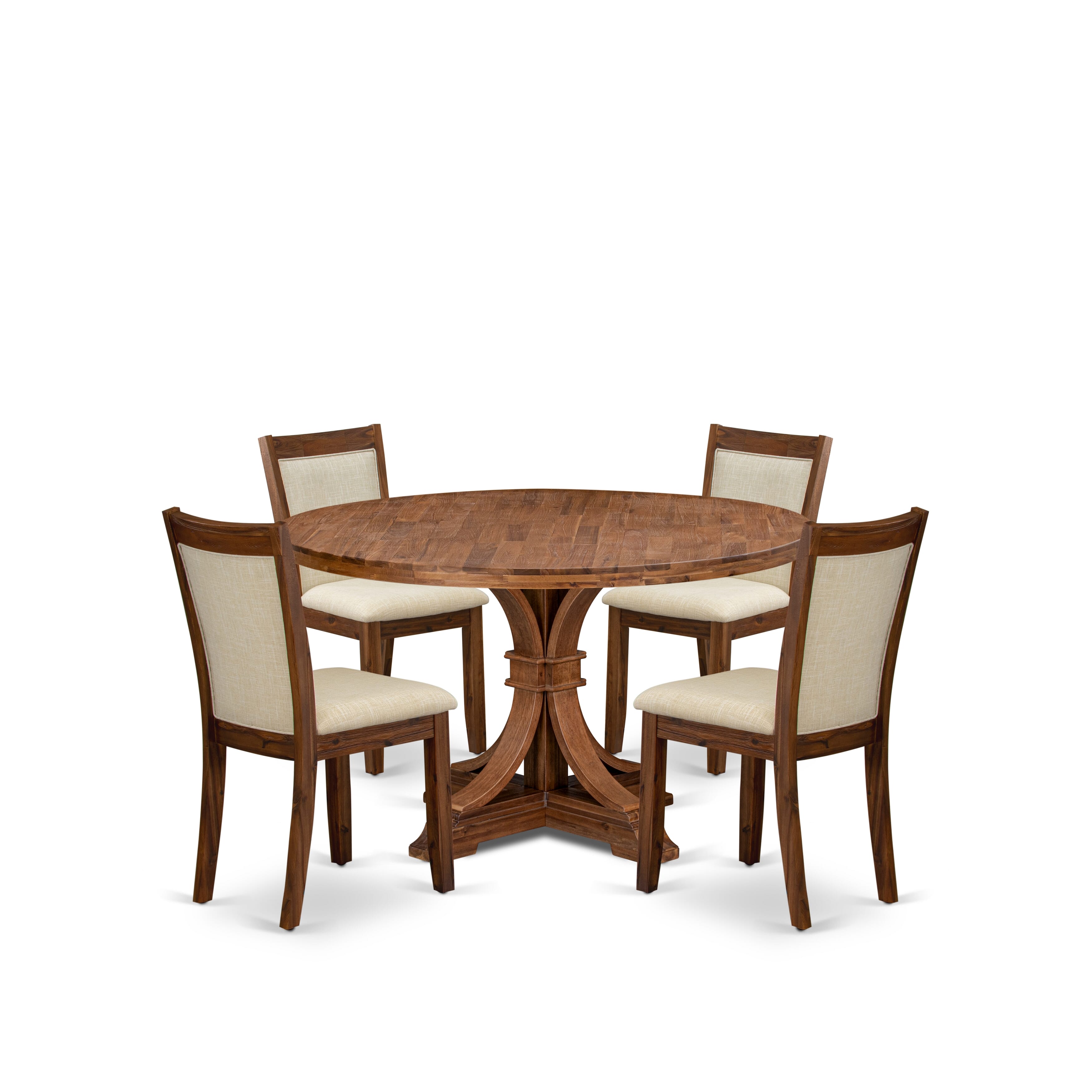 Luxe by East West Furniture I7MZ5-50N-02 5-Pc Kitchen Set Includes a Pedestal Wooden Table & 4 Light Beige Linen Fabric Kitchen Chairs with Padded Back - Antique Walnut Finish