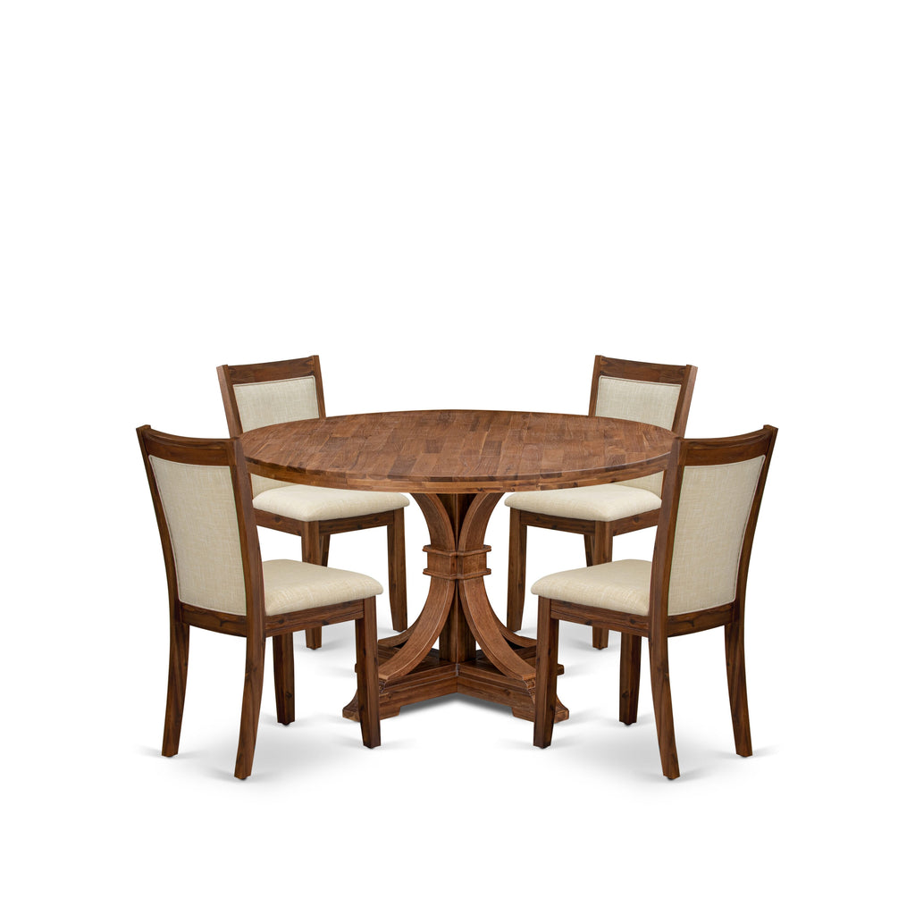 Luxe by East West Furniture I7MZ5-50N-02 5-Pc Kitchen Set Includes a Pedestal Wooden Table & 4 Light Beige Linen Fabric Kitchen Chairs with Padded Back - Antique Walnut Finish