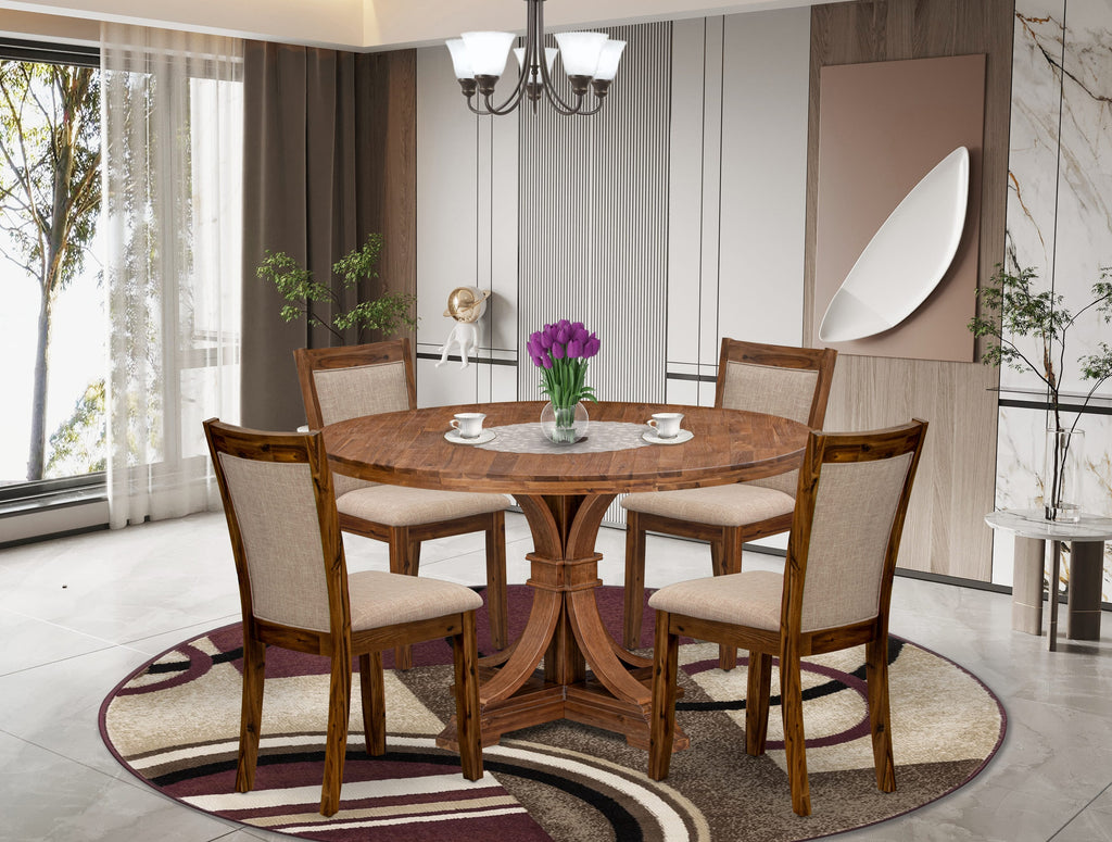 Luxe by East West Furniture I7MZ5-50N-04 5-Pc Dining Room Set Includes a Pedestal Round Table and 4 Light Tan Linen Fabric Padded Chairs with Padded Back - Antique Walnut Finish