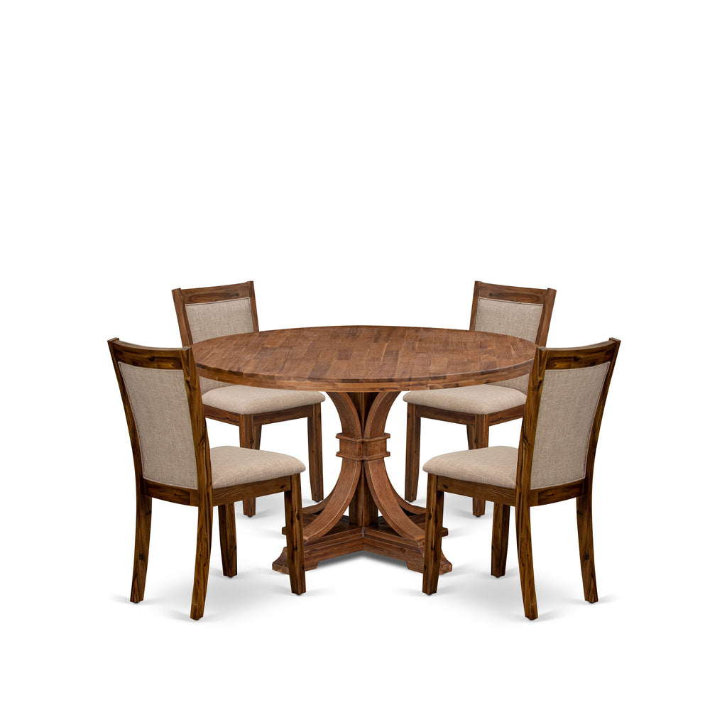Luxe by East West Furniture I7MZ5-50N-04 5-Pc Dining Room Set Includes a Pedestal Round Table and 4 Light Tan Linen Fabric Padded Chairs with Padded Back - Antique Walnut Finish