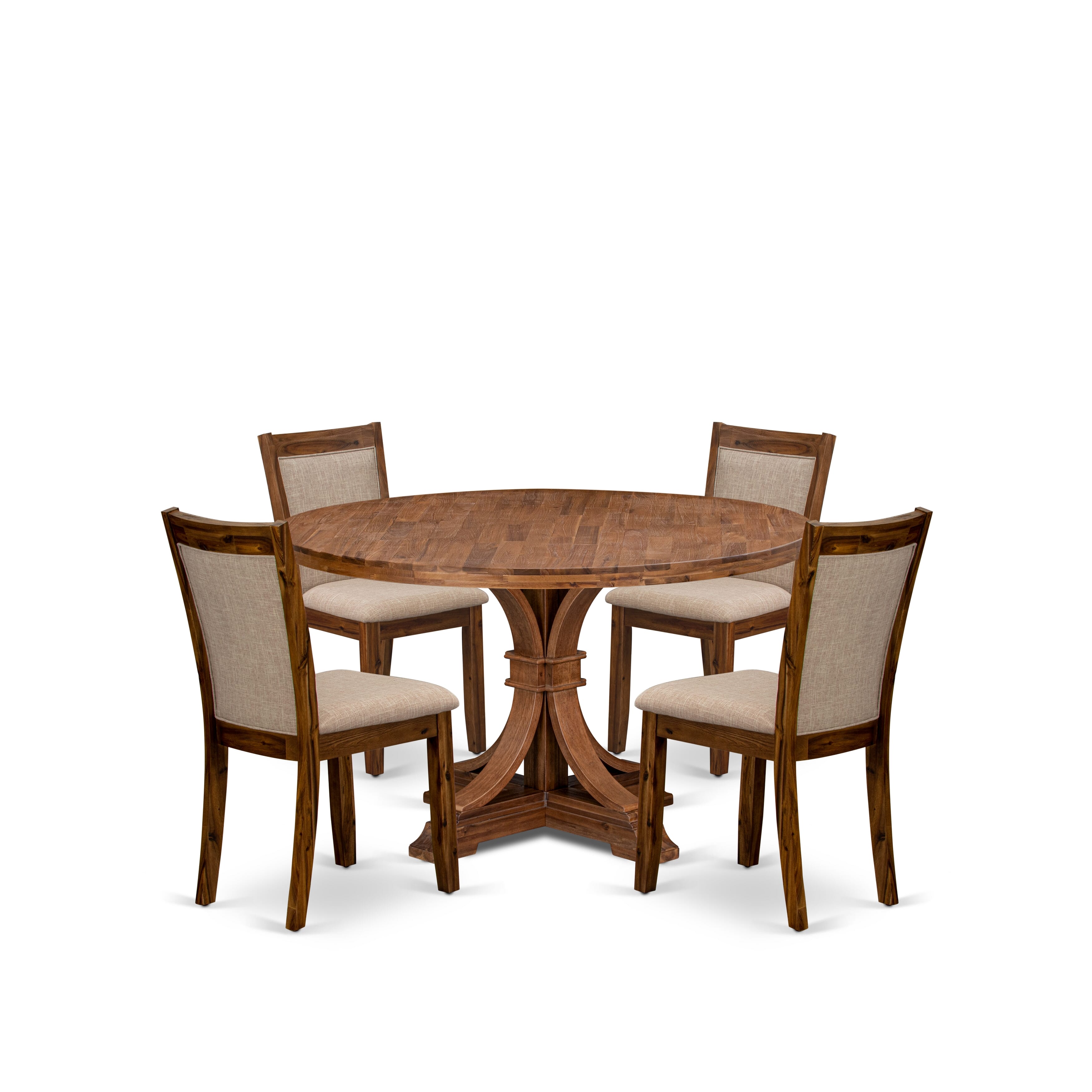 Luxe by East West Furniture I7MZ5-50N-04 5-Pc Dining Room Set Includes a Pedestal Round Table and 4 Light Tan Linen Fabric Padded Chairs with Padded Back - Antique Walnut Finish