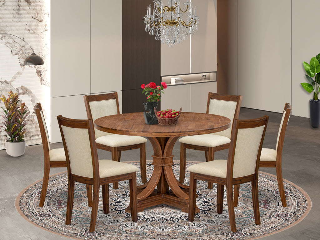 Luxe by East West Furniture I7MZ7-40N-02 7-Pc Modern Dining Set Includes a Pedestal Kitchen Table and 6 Light Beige Linen Fabric Chairs with Padded Back - Antique Walnut