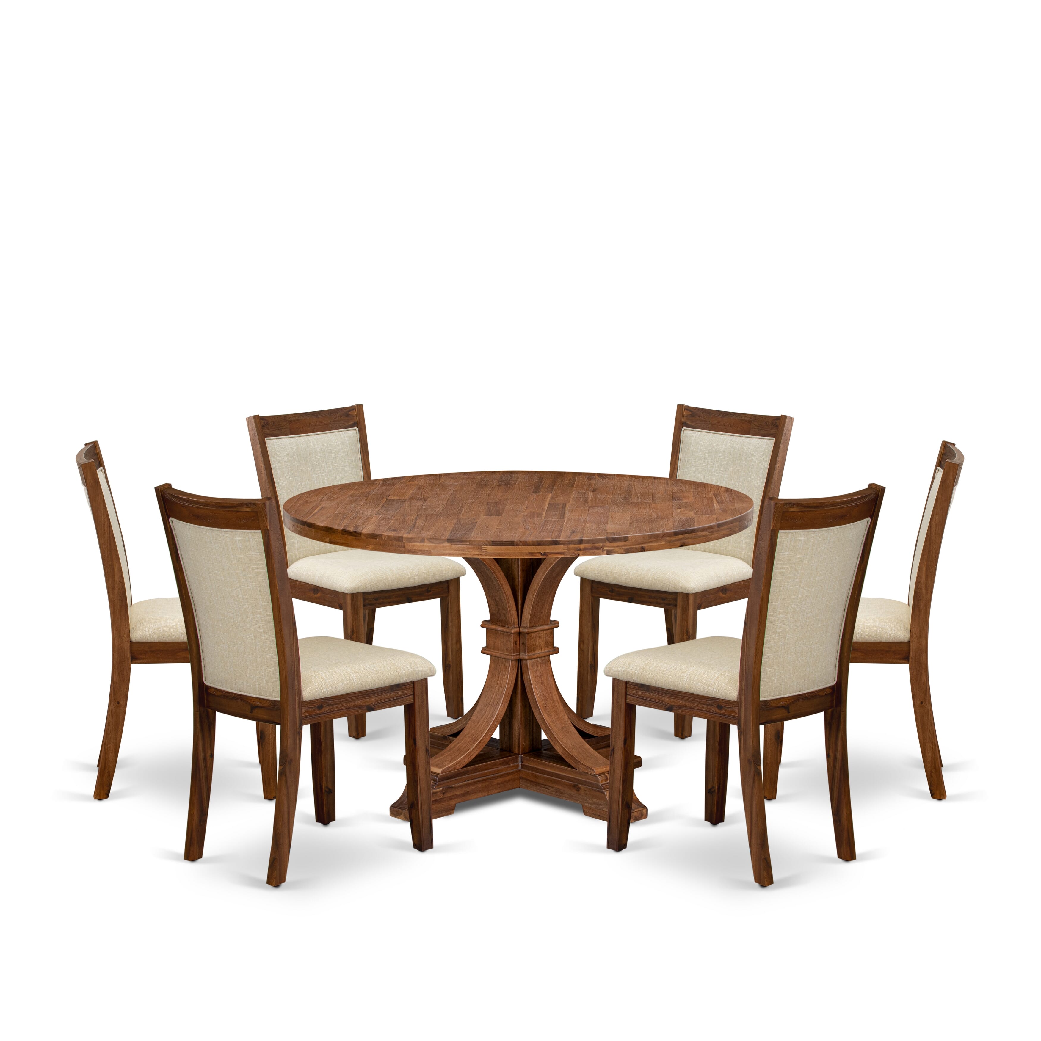 Luxe by East West Furniture I7MZ7-40N-02 7-Pc Modern Dining Set Includes a Pedestal Kitchen Table and 6 Light Beige Linen Fabric Chairs with Padded Back - Antique Walnut