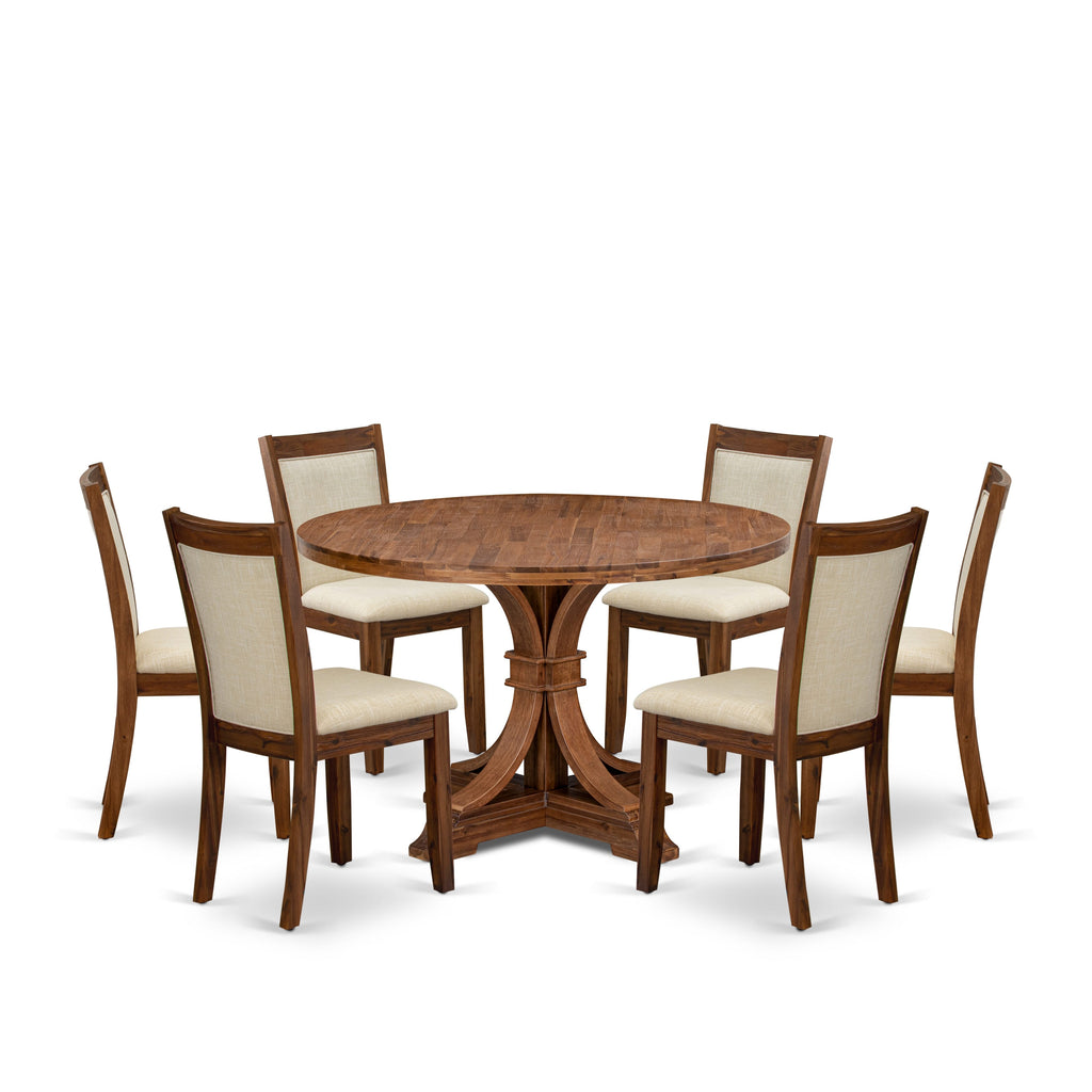 Luxe by East West Furniture I7MZ7-40N-02 7-Pc Modern Dining Set Includes a Pedestal Kitchen Table and 6 Light Beige Linen Fabric Chairs with Padded Back - Antique Walnut