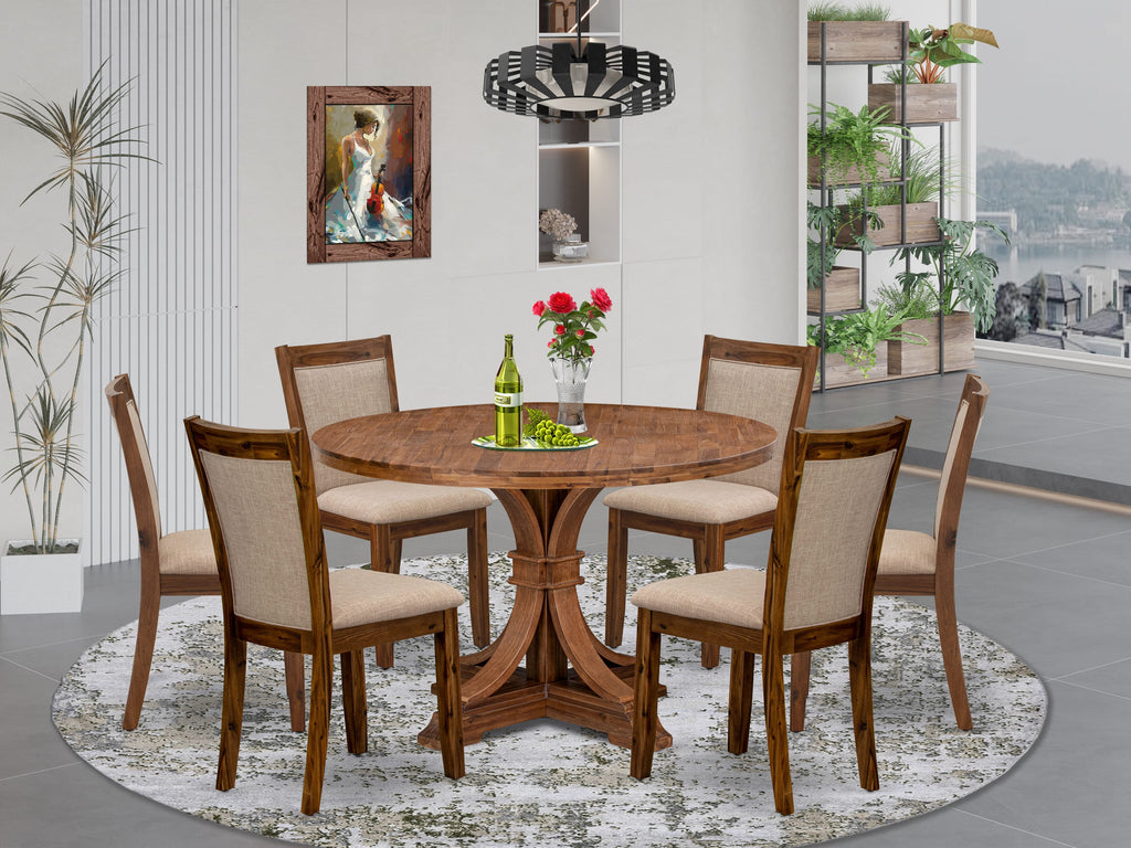 Luxe by East West Furniture I7MZ7-40N-04 7-Pc Dining Room Set consists of a Pedestal Dining Table and 6 Light Tan Linen Fabric Parson Chairs with Padded Back - Antique Walnut