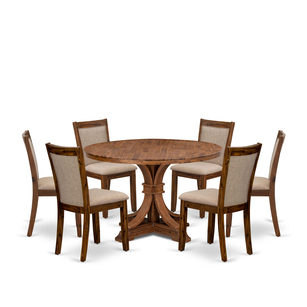 Luxe by East West Furniture I7MZ7-40N-04 7-Pc Dining Room Set consists of a Pedestal Dining Table and 6 Light Tan Linen Fabric Parson Chairs with Padded Back - Antique Walnut