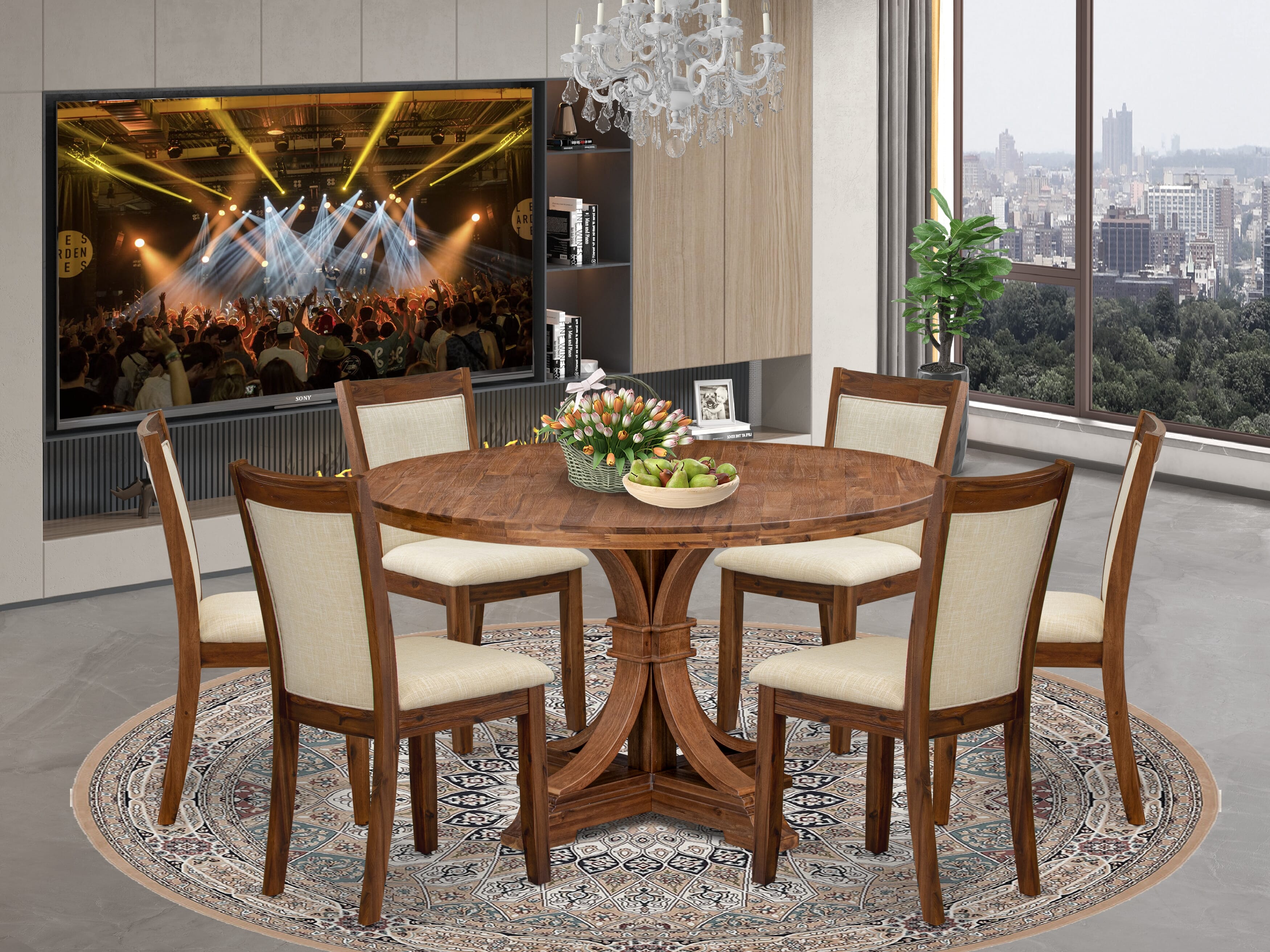 Luxe by East West Furniture I7MZ7-50N-02 7-Pc Mid-century Kitchen Set consists of a Pedestal Table & 6 Light Beige Linen Fabric Kitchen Chairs with Padded Back - Antique Walnut