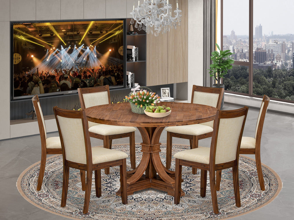 Luxe by East West Furniture I7MZ7-50N-02 7-Pc Mid-century Kitchen Set consists of a Pedestal Table & 6 Light Beige Linen Fabric Kitchen Chairs with Padded Back - Antique Walnut