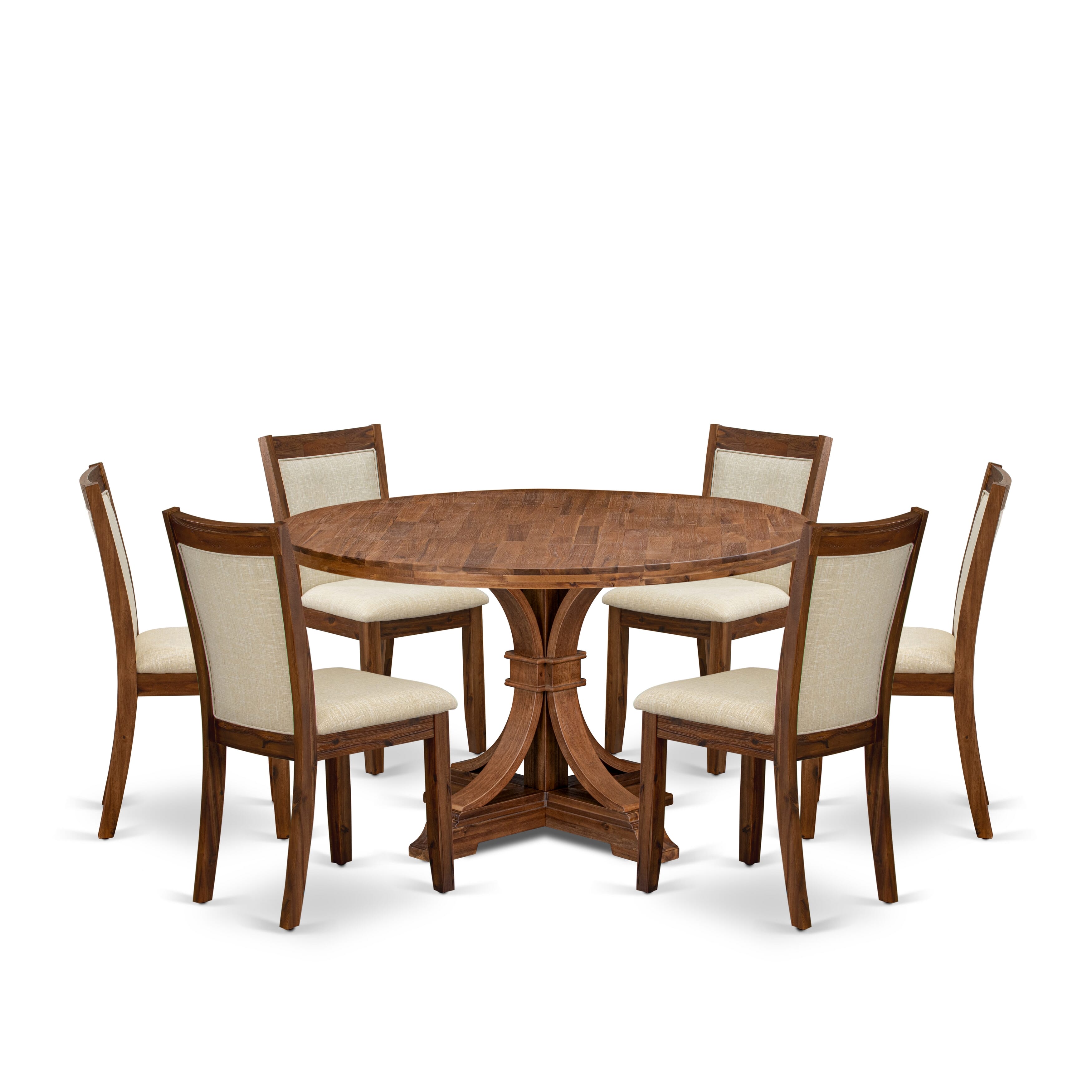 Luxe by East West Furniture I7MZ7-50N-02 7-Pc Mid-century Kitchen Set consists of a Pedestal Table & 6 Light Beige Linen Fabric Kitchen Chairs with Padded Back - Antique Walnut