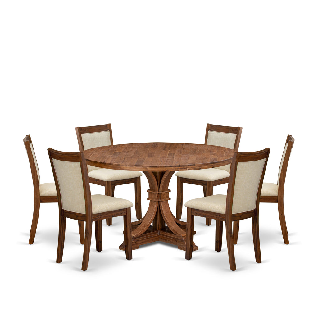Luxe by East West Furniture I7MZ7-50N-02 7-Pc Mid-century Kitchen Set consists of a Pedestal Table & 6 Light Beige Linen Fabric Kitchen Chairs with Padded Back - Antique Walnut
