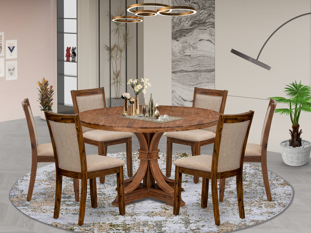 Luxe by East West Furniture I7MZ7-50N-04 7-Pc Dining Set consists of a Pedestal Dining Table and 6 Light Tan Linen Fabric Dining Chairs with Padded Back - Antique Walnut Finish