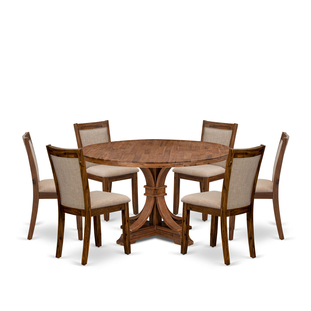 Luxe by East West Furniture I7MZ7-50N-04 7-Pc Dining Set consists of a Pedestal Dining Table and 6 Light Tan Linen Fabric Dining Chairs with Padded Back - Antique Walnut Finish