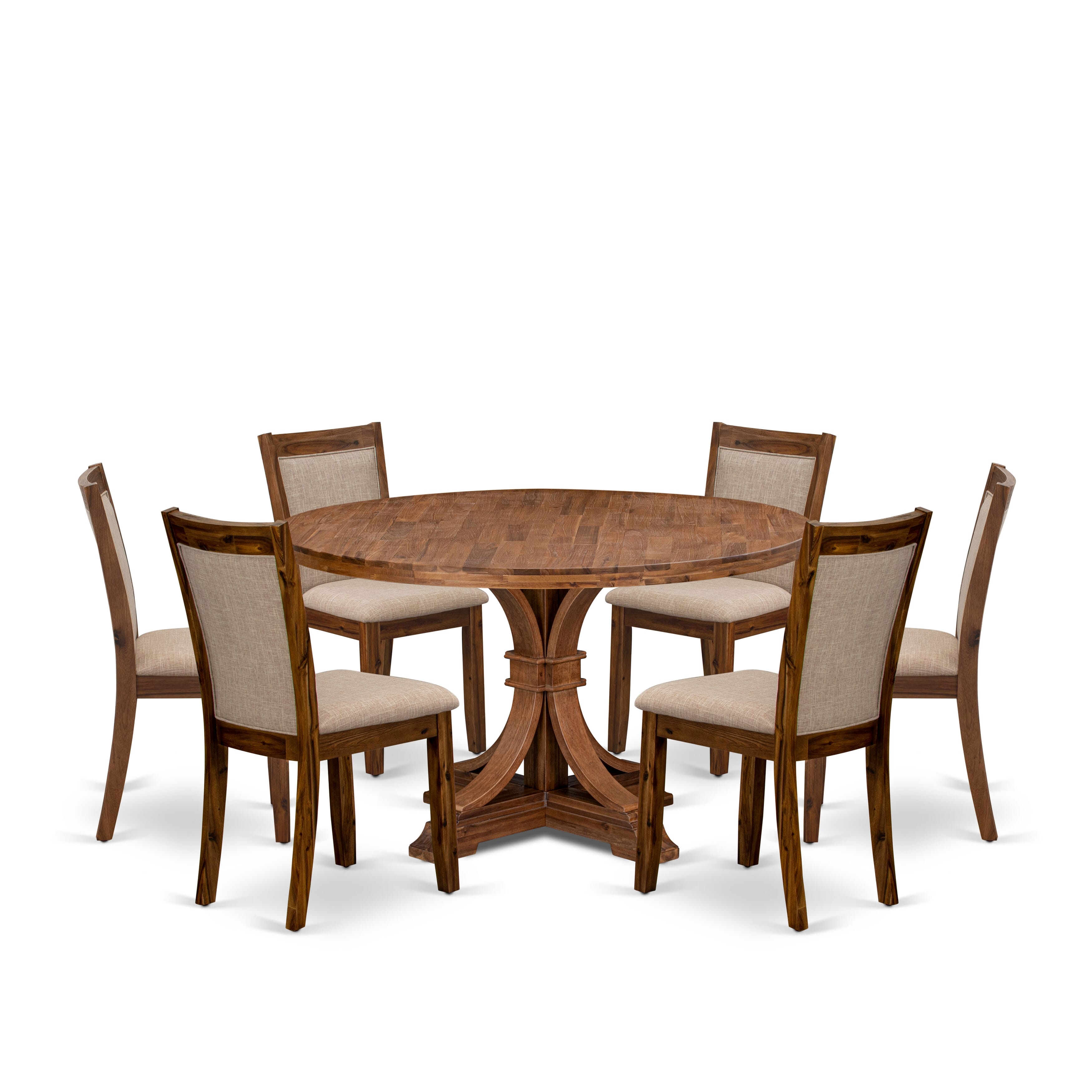 Luxe by East West Furniture I7MZ7-50N-04 7-Pc Dining Set consists of a Pedestal Dining Table and 6 Light Tan Linen Fabric Dining Chairs with Padded Back - Antique Walnut Finish
