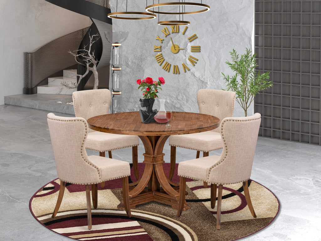 Luxe by East West Furniture I7SI5-40N-04 5 Piece Kitchen Table Set Includes a 48" Round Table with Pedestal and 4 Light Tan Linen Fabric Parson Chairs, Antique Walnut