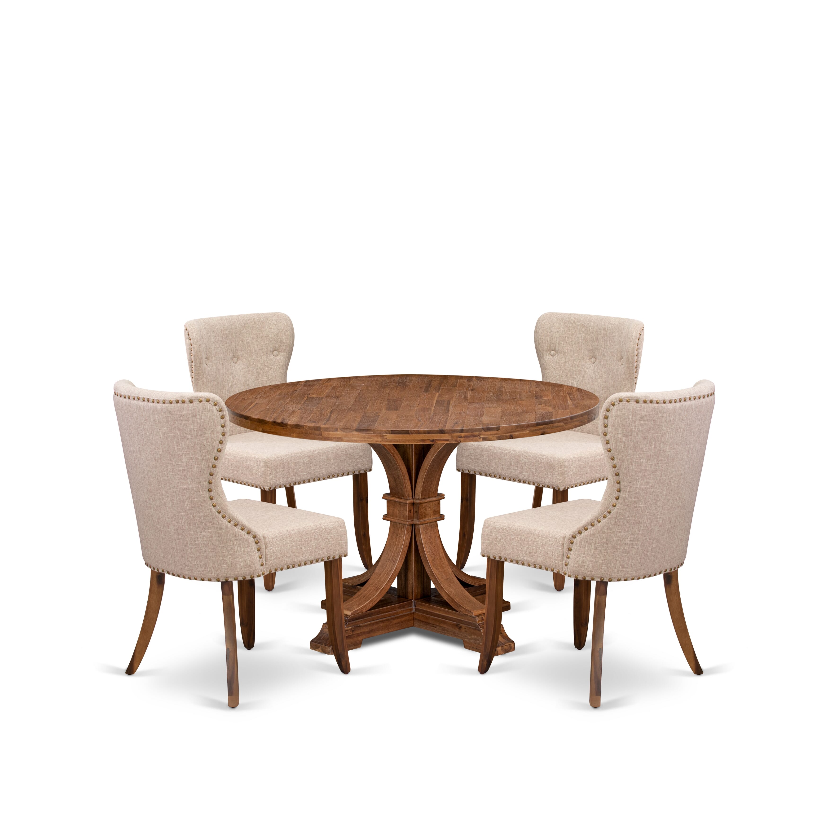 Luxe by East West Furniture I7SI5-40N-04 5 Piece Kitchen Table Set Includes a 48" Round Table with Pedestal and 4 Light Tan Linen Fabric Parson Chairs, Antique Walnut
