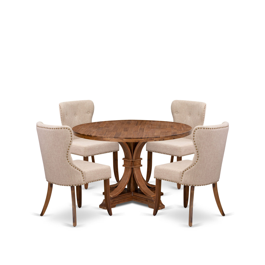Luxe by East West Furniture I7SI5-40N-04 5 Piece Kitchen Table Set Includes a 48" Round Table with Pedestal and 4 Light Tan Linen Fabric Parson Chairs, Antique Walnut