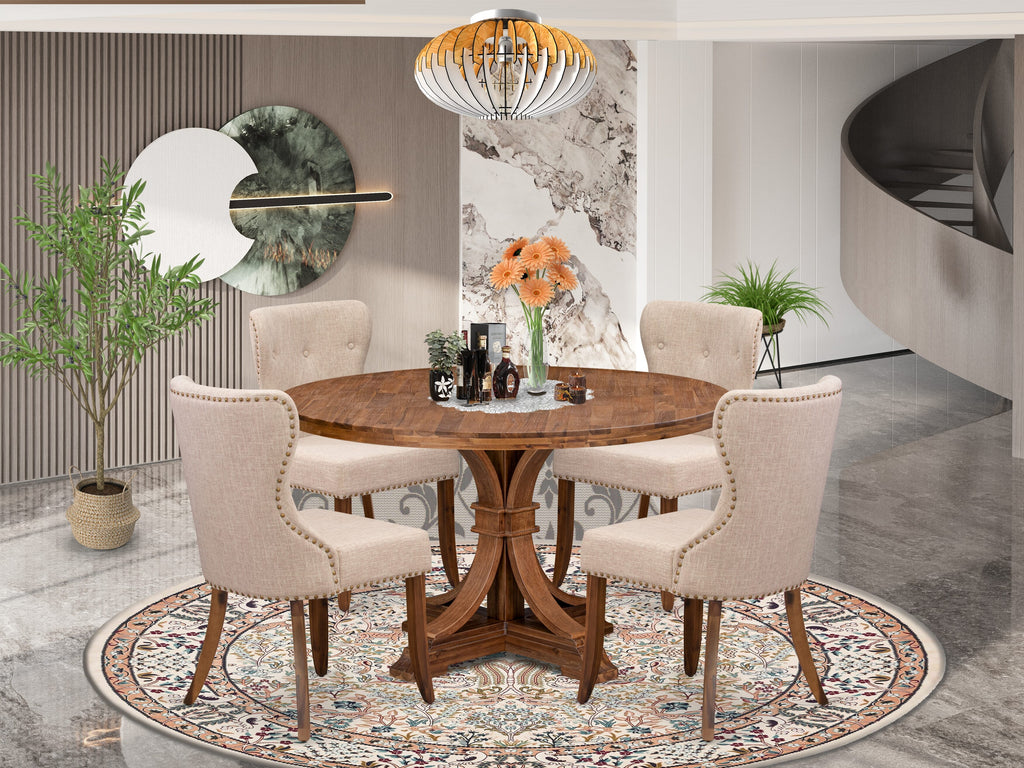 Luxe by East West Furniture I7SI5-50N-04 5-Pc Dining Set consists of a Pedestal Kitchen Table and 4 Light Tan Linen Fabric Kitchen Chairs with Button Tufted- Antique Walnut