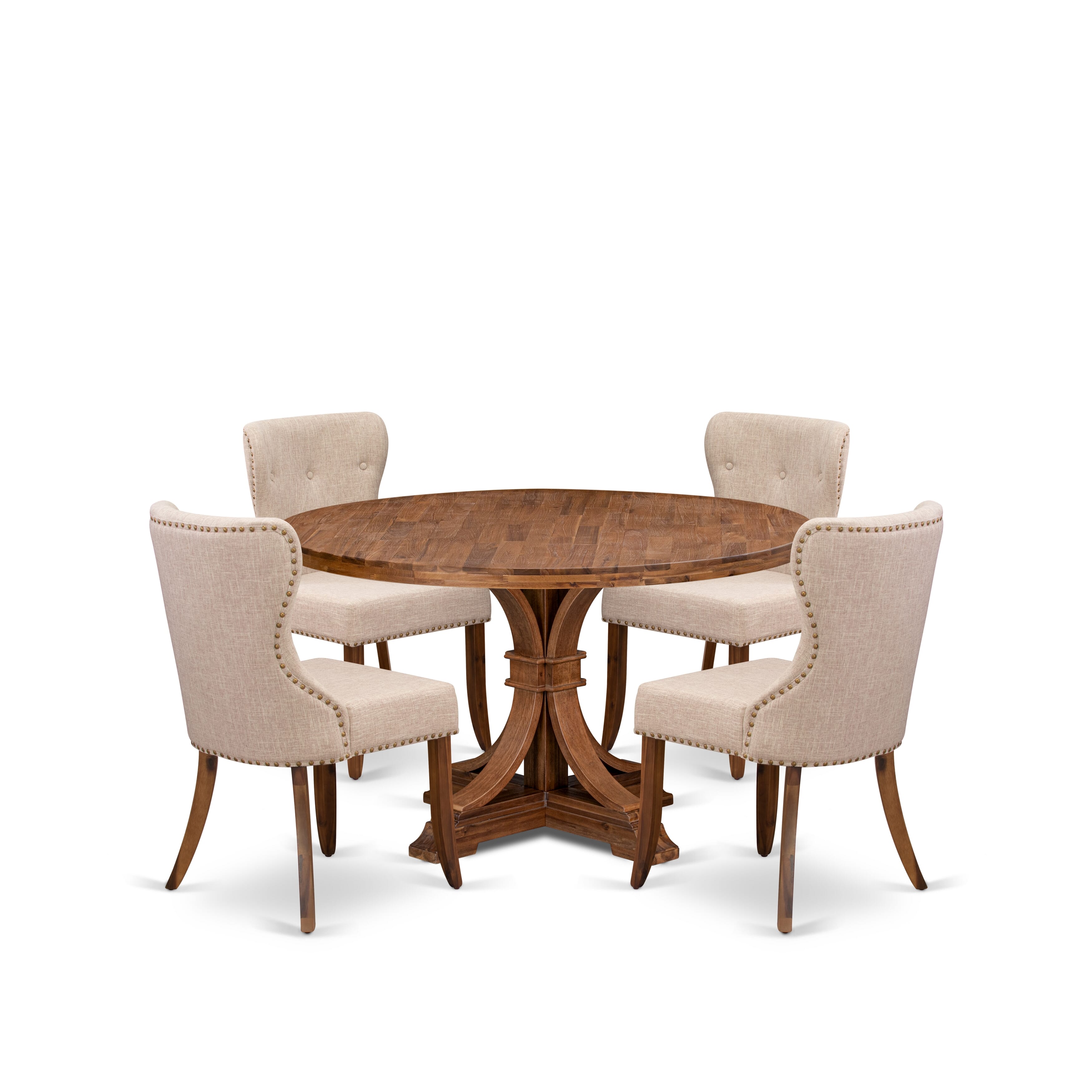 Luxe by East West Furniture I7SI5-50N-04 5-Pc Dining Set consists of a Pedestal Kitchen Table and 4 Light Tan Linen Fabric Kitchen Chairs with Button Tufted- Antique Walnut