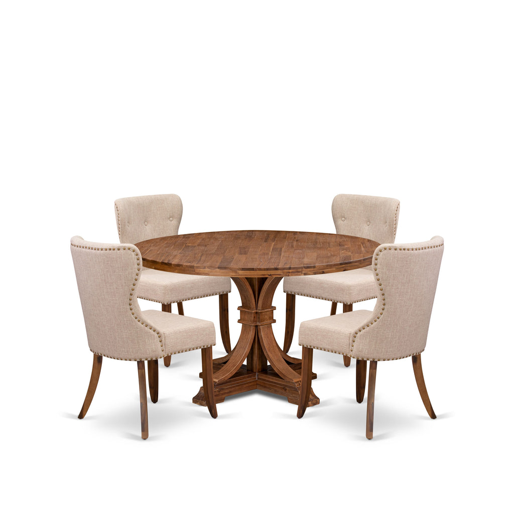 Luxe by East West Furniture I7SI5-50N-04 5-Pc Dining Set consists of a Pedestal Kitchen Table and 4 Light Tan Linen Fabric Kitchen Chairs with Button Tufted- Antique Walnut