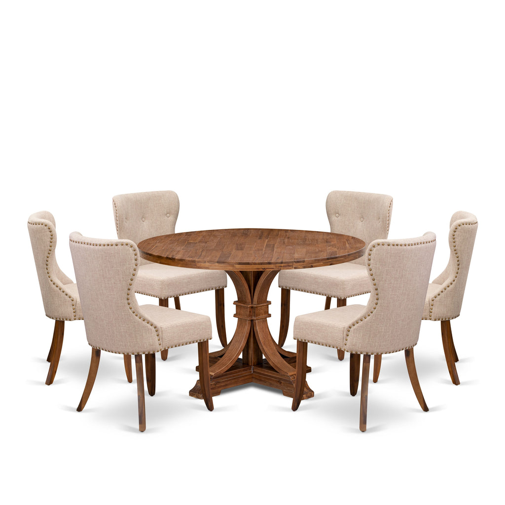 Luxe by East West Furniture I7SI7-40N-04 7 Piece Dinette Set Includes a 48" Round Table with Pedestal and 6 Light Tan Linen Fabric Upholstered Chairs, Antique Walnut