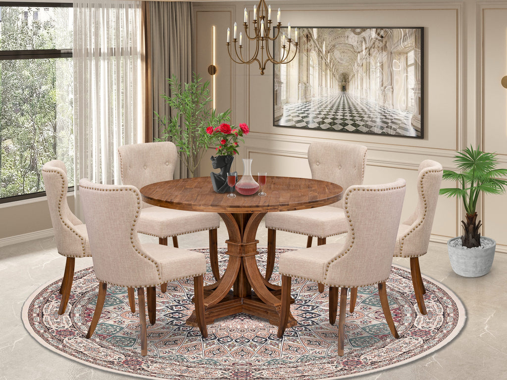 Luxe by East West Furniture I7SI7-40N-04 7 Piece Dinette Set Includes a 48" Round Table with Pedestal and 6 Light Tan Linen Fabric Upholstered Chairs, Antique Walnut