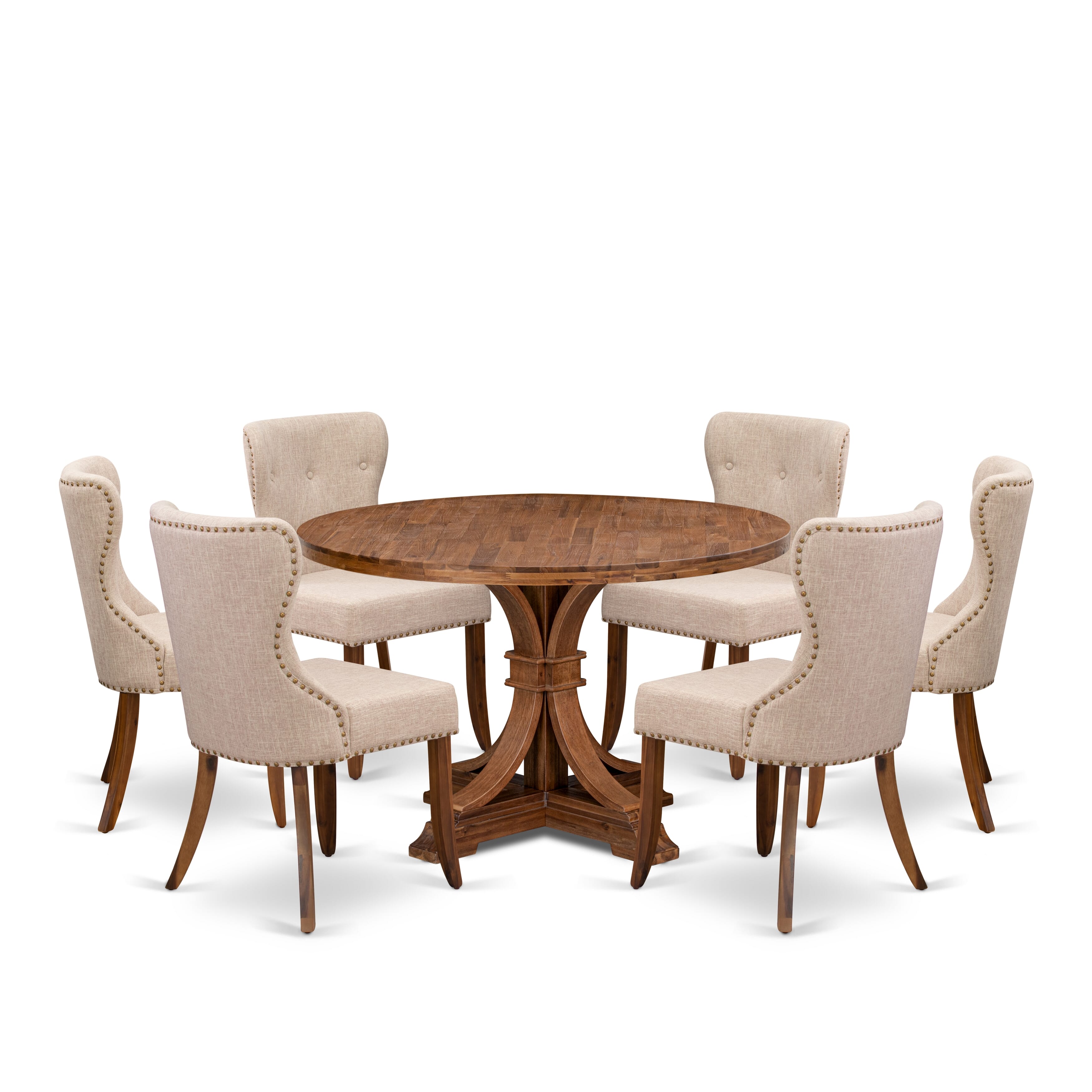 Luxe by East West Furniture I7SI7-40N-04 7 Piece Dinette Set Includes a 48" Round Table with Pedestal and 6 Light Tan Linen Fabric Upholstered Chairs, Antique Walnut