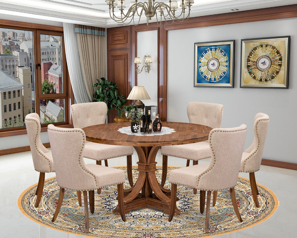 Luxe by East West Furniture I7SI7-50N-04 7-Pc Kitchen Table Set Includes a Pedestal Table and 6 Light Tan Linen Fabric Parson Chairs with Button Tufted- Antique Walnut