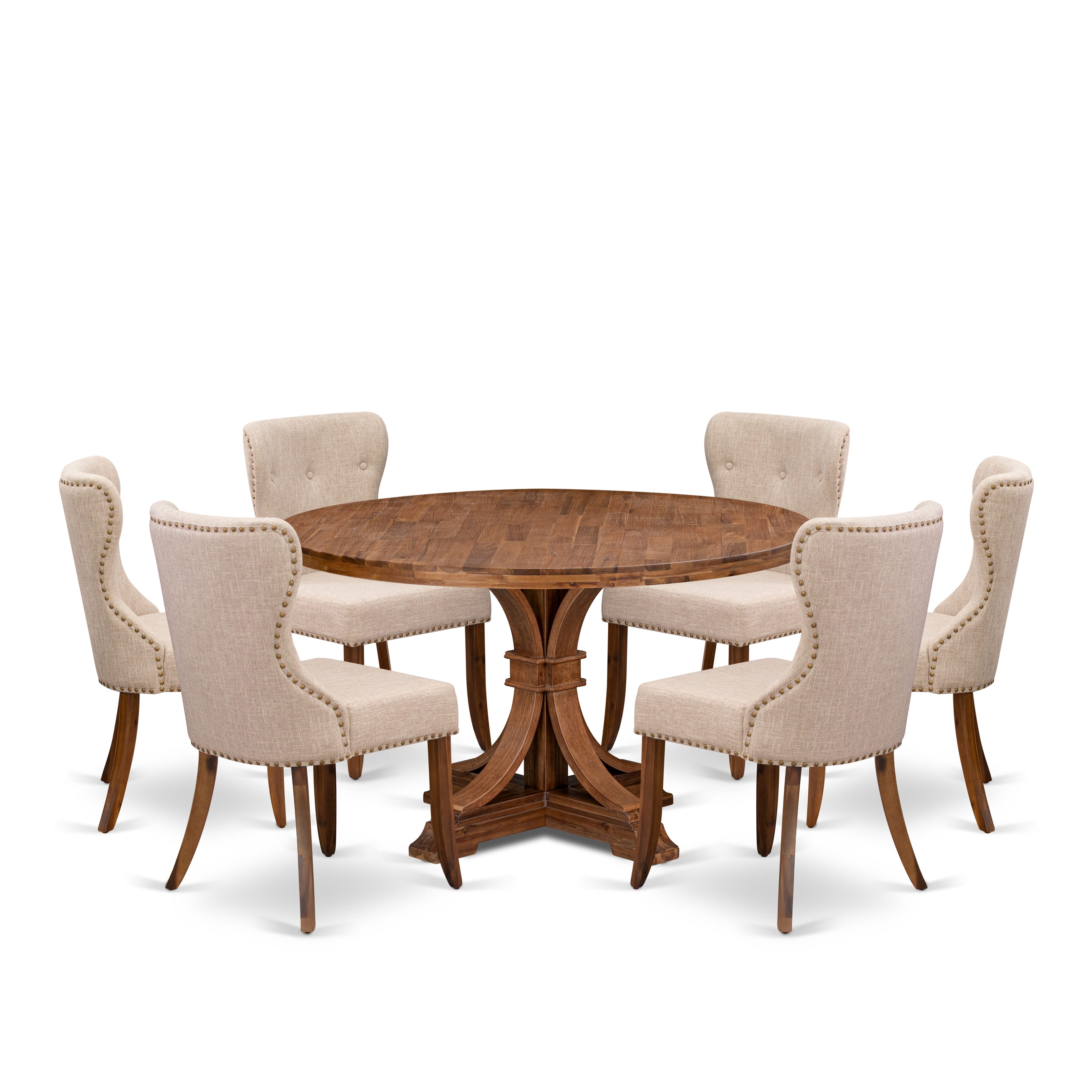 Luxe by East West Furniture I7SI7-50N-04 7-Pc Kitchen Table Set Includes a Pedestal Table and 6 Light Tan Linen Fabric Parson Chairs with Button Tufted- Antique Walnut