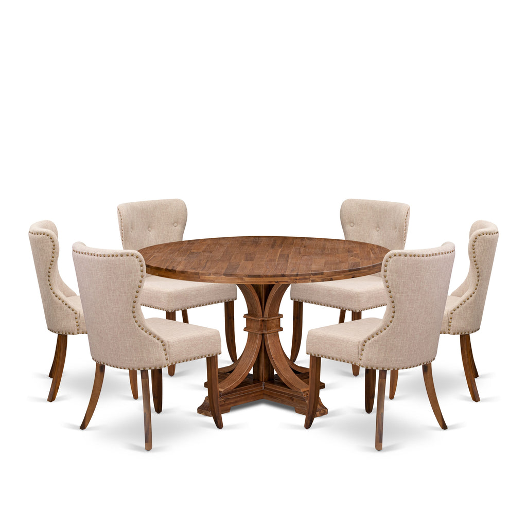 Luxe by East West Furniture I7SI7-50N-04 7-Pc Kitchen Table Set Includes a Pedestal Table and 6 Light Tan Linen Fabric Parson Chairs with Button Tufted- Antique Walnut