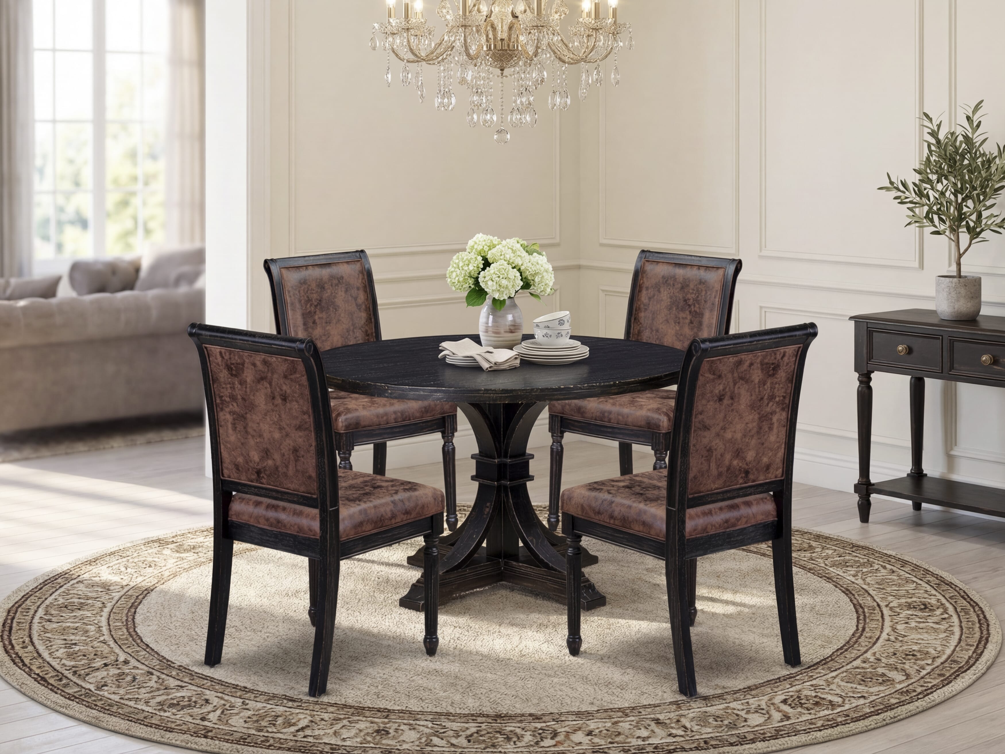 Luxe by East West Furniture I7TY5-411-33 5-Piece Dining Set with Polyester 4 Brown Textured dining chairs, High Back, and A Breakfast Table in Sand Blasting Black Finish.