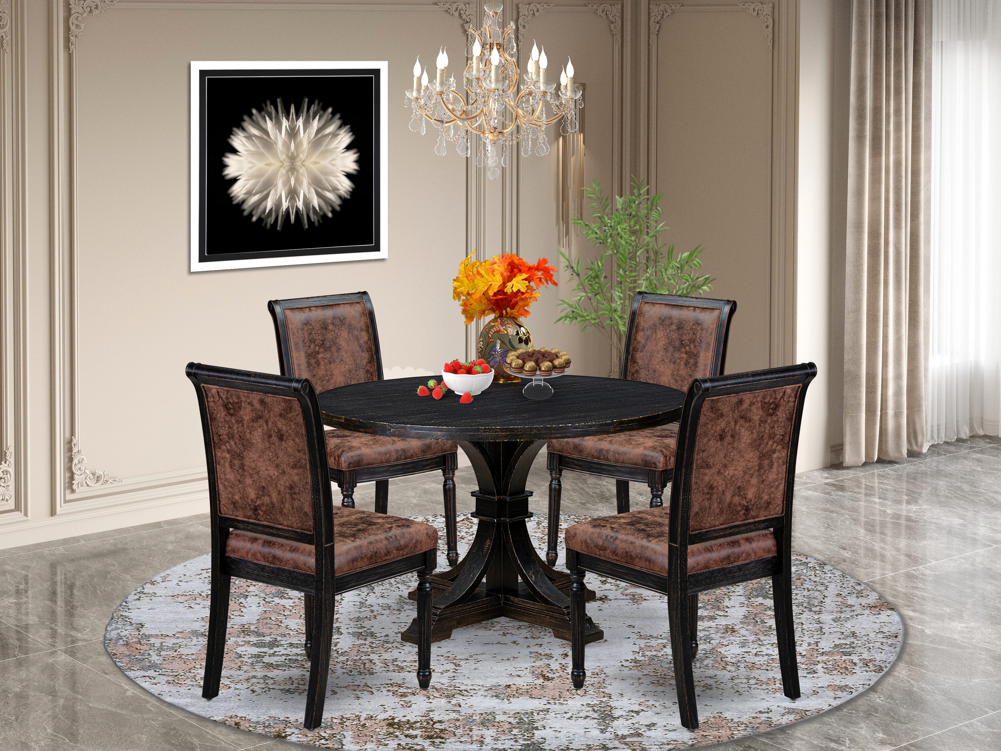 Luxe by East West Furniture I7TY5-411-33 5-Piece Dining Set with Polyester 4 Brown Textured dining chairs, High Back, and A Breakfast Table in Sand Blasting Black Finish.