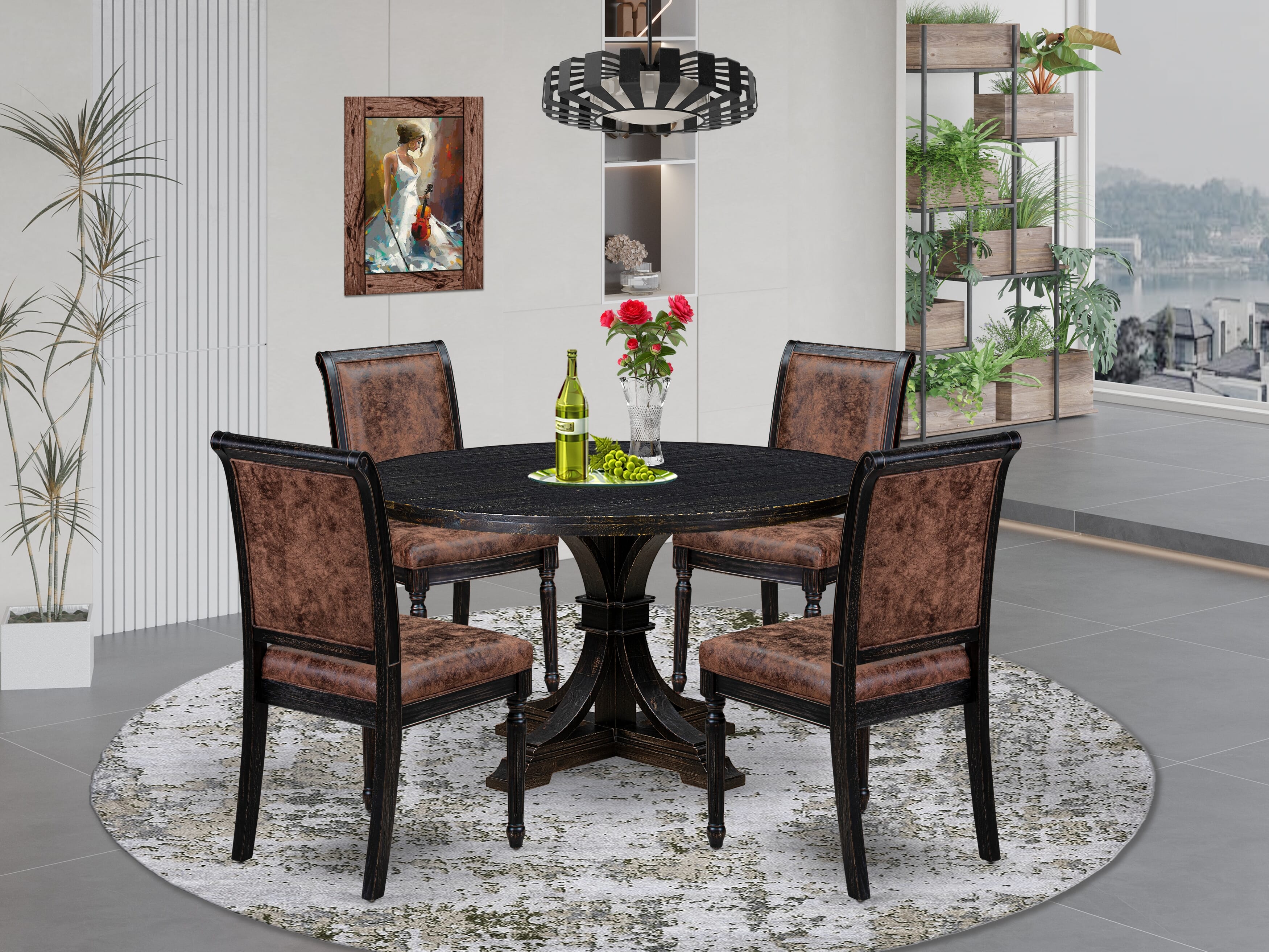 Luxe by East West Furniture I7TY5-511-33 5-Piece Kitchen Set with Polyester 4 Brown Textured dining room chairs, High Back, and A Modern Kitchen Table in Sand Blasting Black Finish.