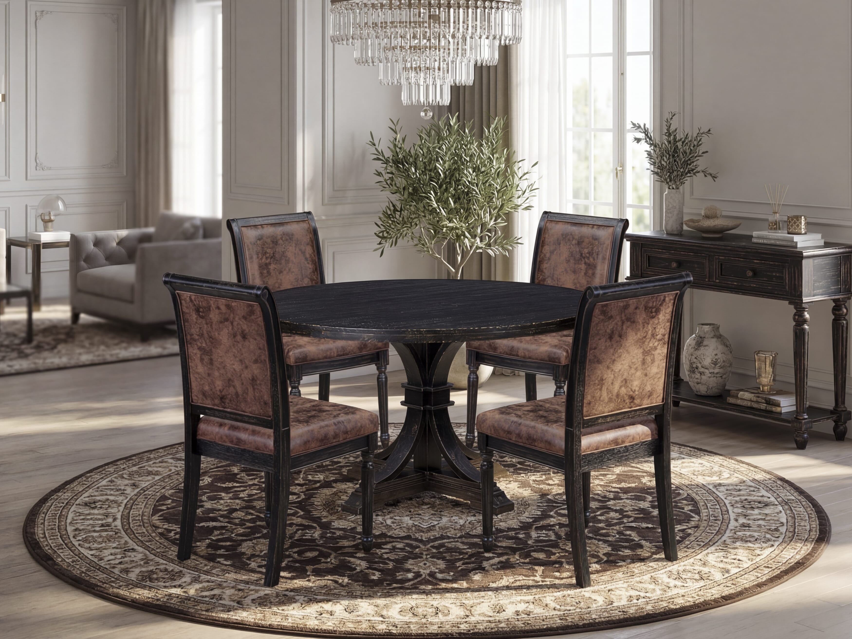Luxe by East West Furniture I7TY5-511-33 5-Piece Kitchen Set with Polyester 4 Brown Textured dining room chairs, High Back, and A Modern Kitchen Table in Sand Blasting Black Finish.