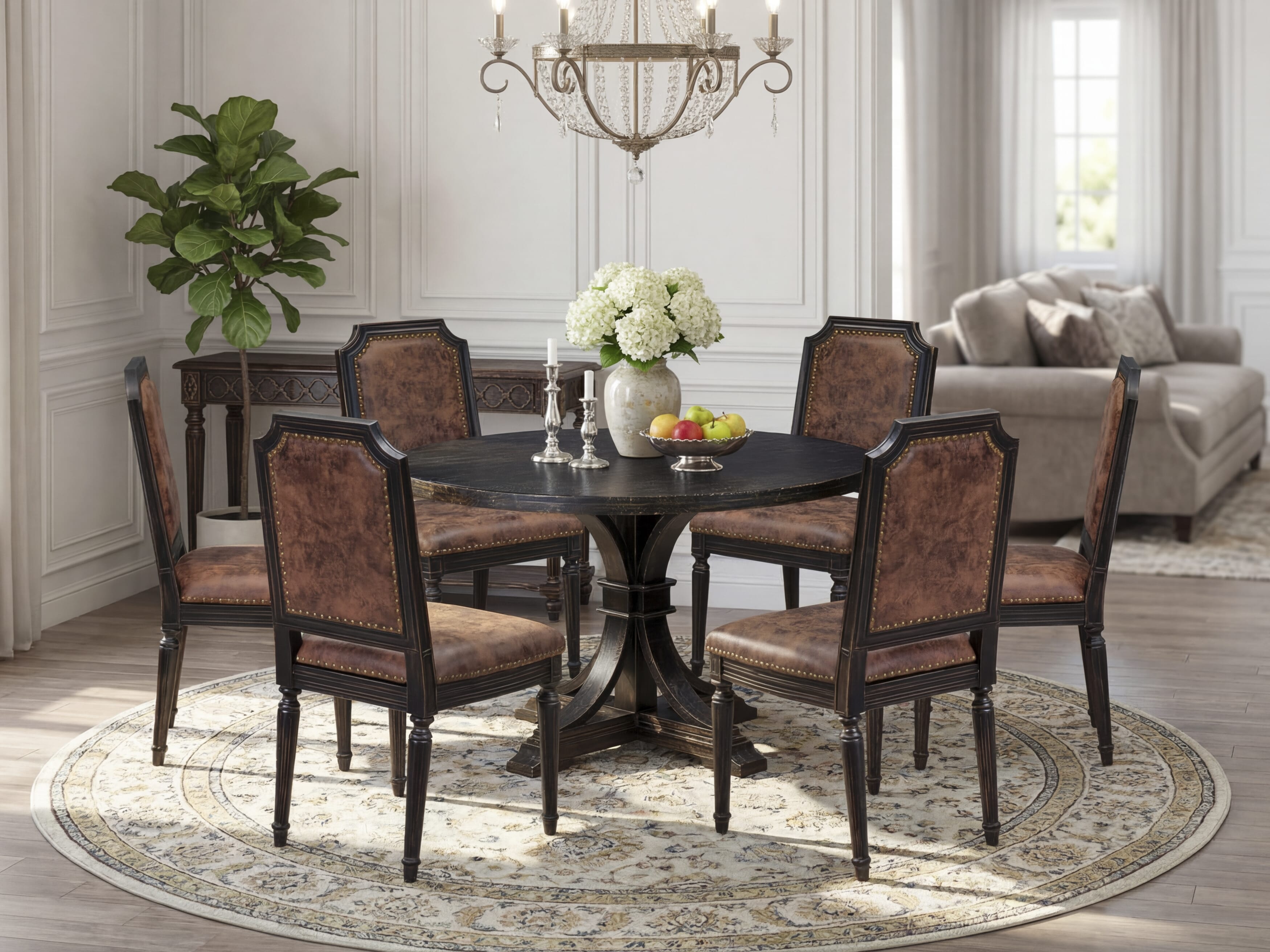 Luxe by East West Furniture I7TY7-411-33 7-Piece Kitchen Table Set with Polyester 6 Brown Textured kitchen chairs, High Back, and A Kitchen Table in Sand Blasting Black Finish.