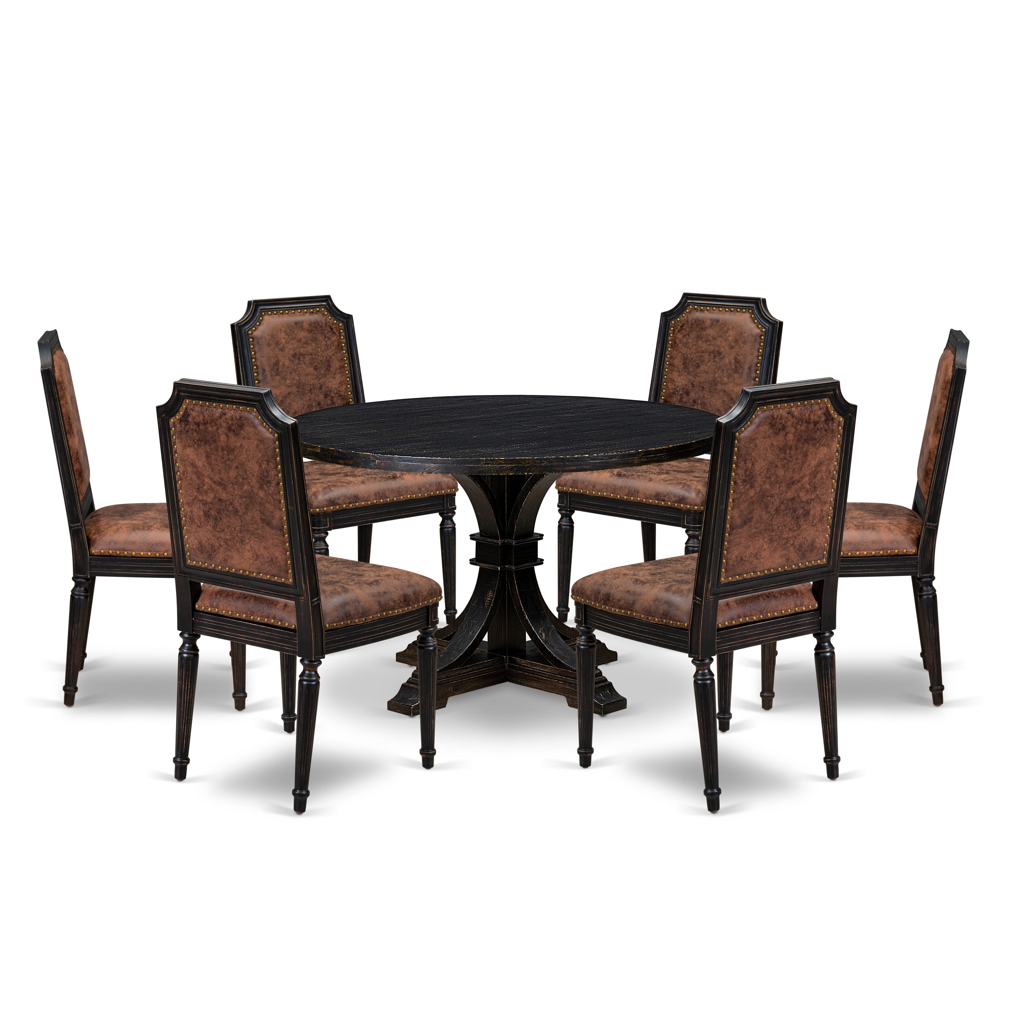 Luxe by East West Furniture I7TY7-411-33 7-Piece Kitchen Table Set with Polyester 6 Brown Textured kitchen chairs, High Back, and A Kitchen Table in Sand Blasting Black Finish.