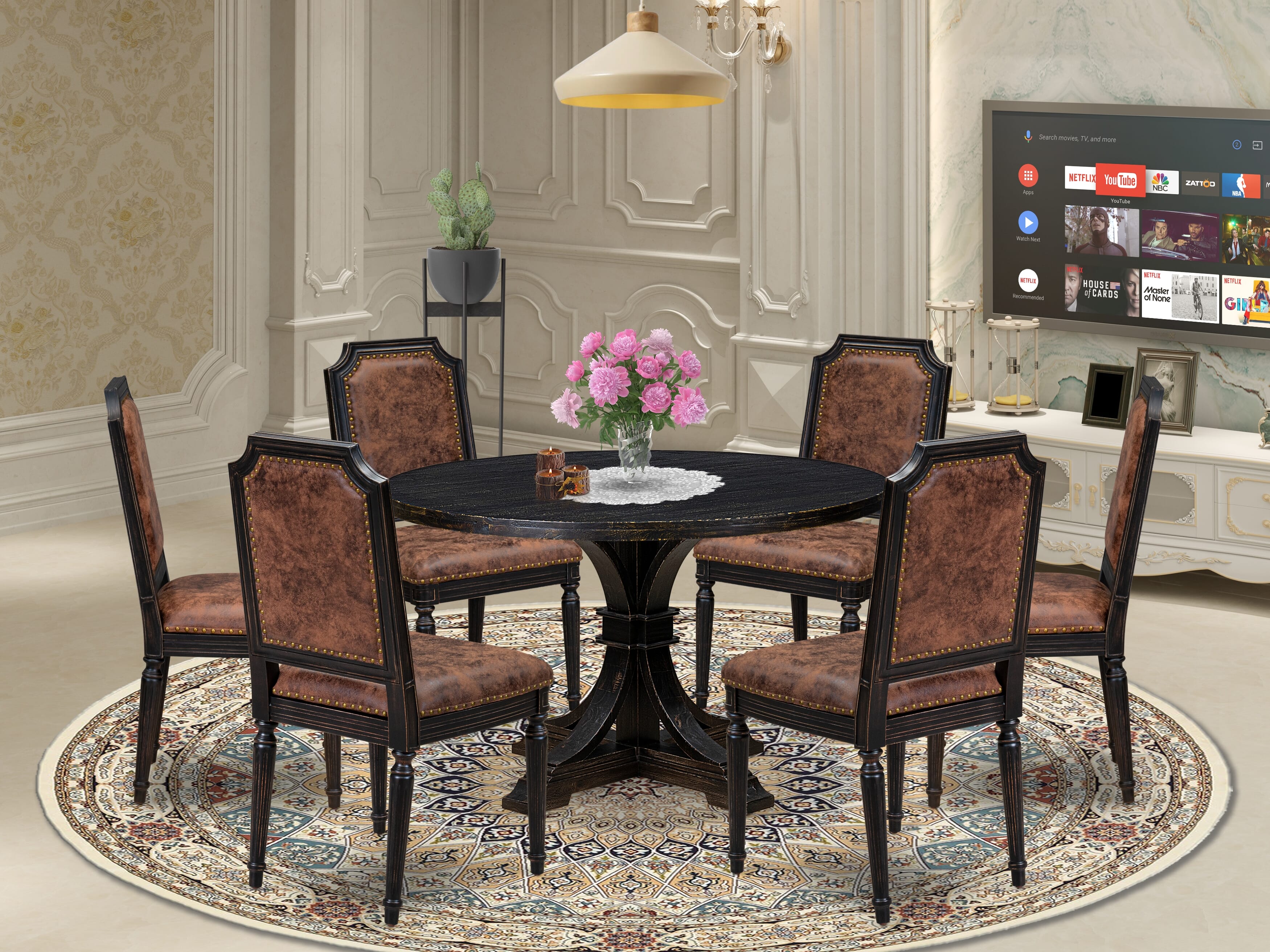 Luxe by East West Furniture I7TY7-411-33 7-Piece Kitchen Table Set with Polyester 6 Brown Textured kitchen chairs, High Back, and A Kitchen Table in Sand Blasting Black Finish.