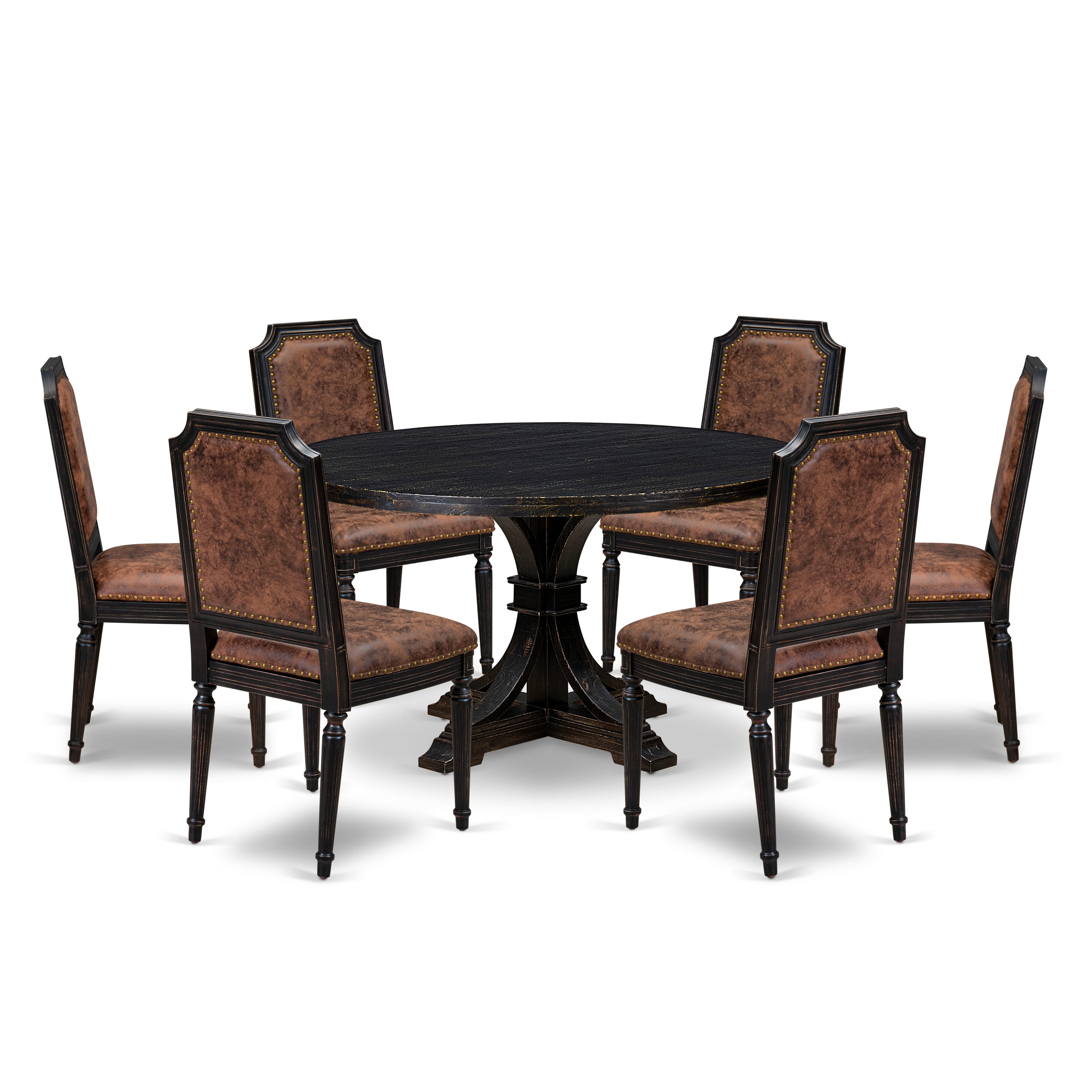 Luxe by East West Furniture I7TY7-511-33 7-Piece Dining Set with Polyester 6 Brown Textured modern chairs, High Back, and A Dinner Table in Sand Blasting Black Finish.