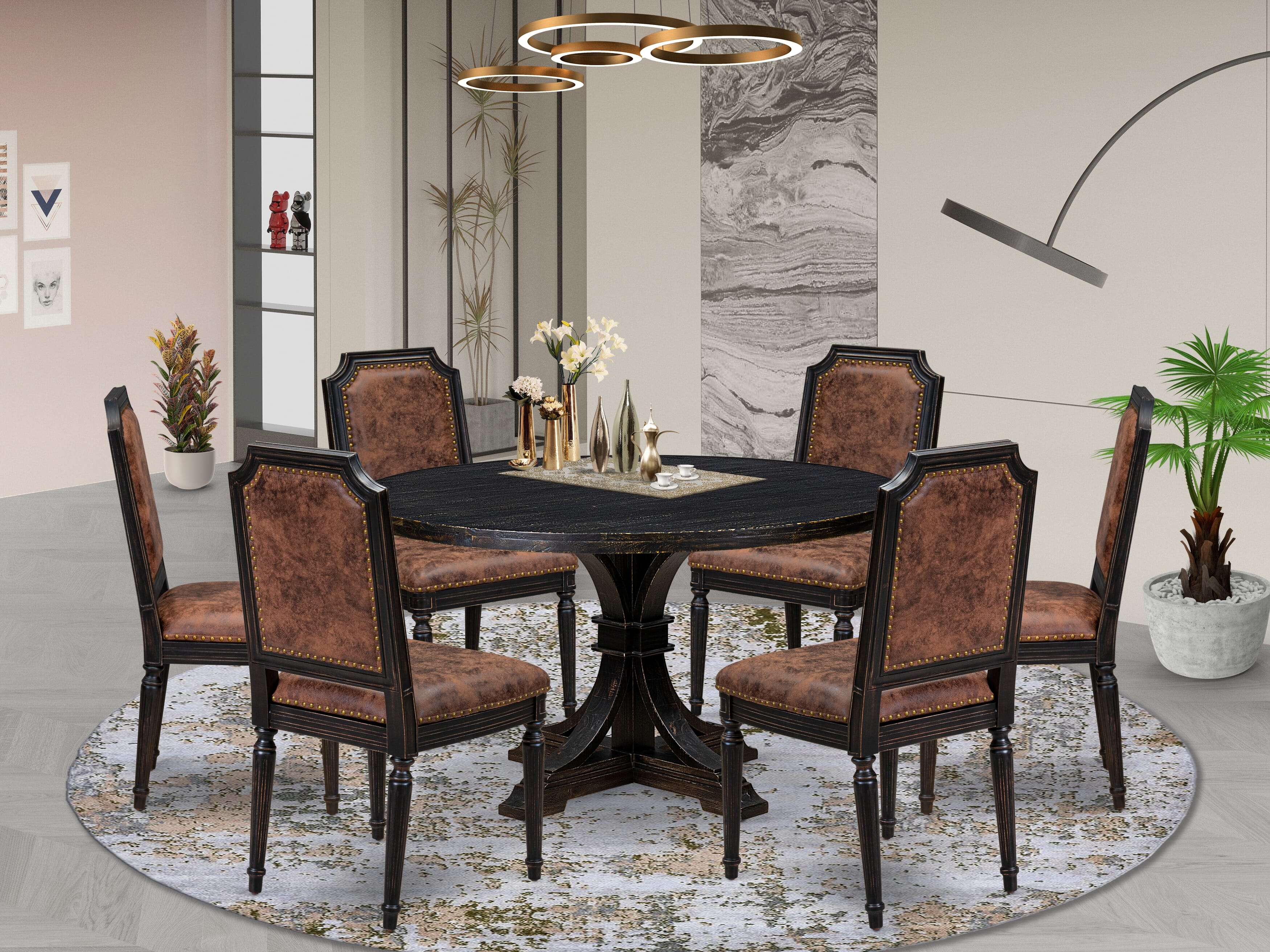 Luxe by East West Furniture I7TY7-511-33 7-Piece Dining Set with Polyester 6 Brown Textured modern chairs, High Back, and A Dinner Table in Sand Blasting Black Finish.