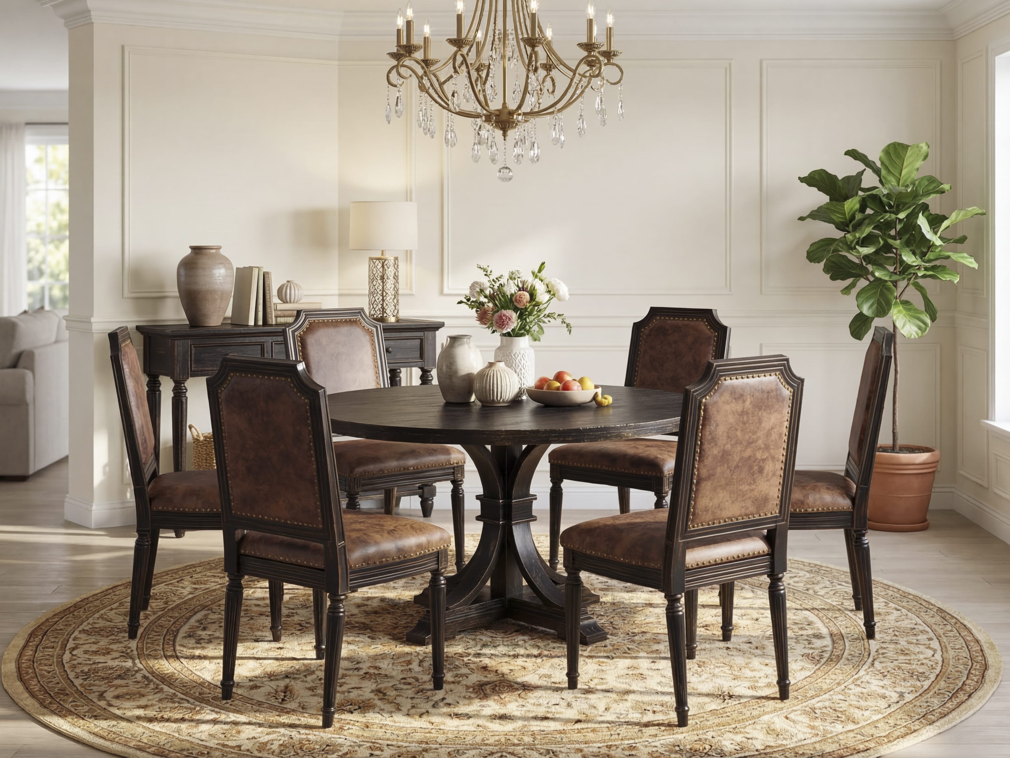 Luxe by East West Furniture I7TY7-511-33 7-Piece Dining Set with Polyester 6 Brown Textured modern chairs, High Back, and A Dinner Table in Sand Blasting Black Finish.