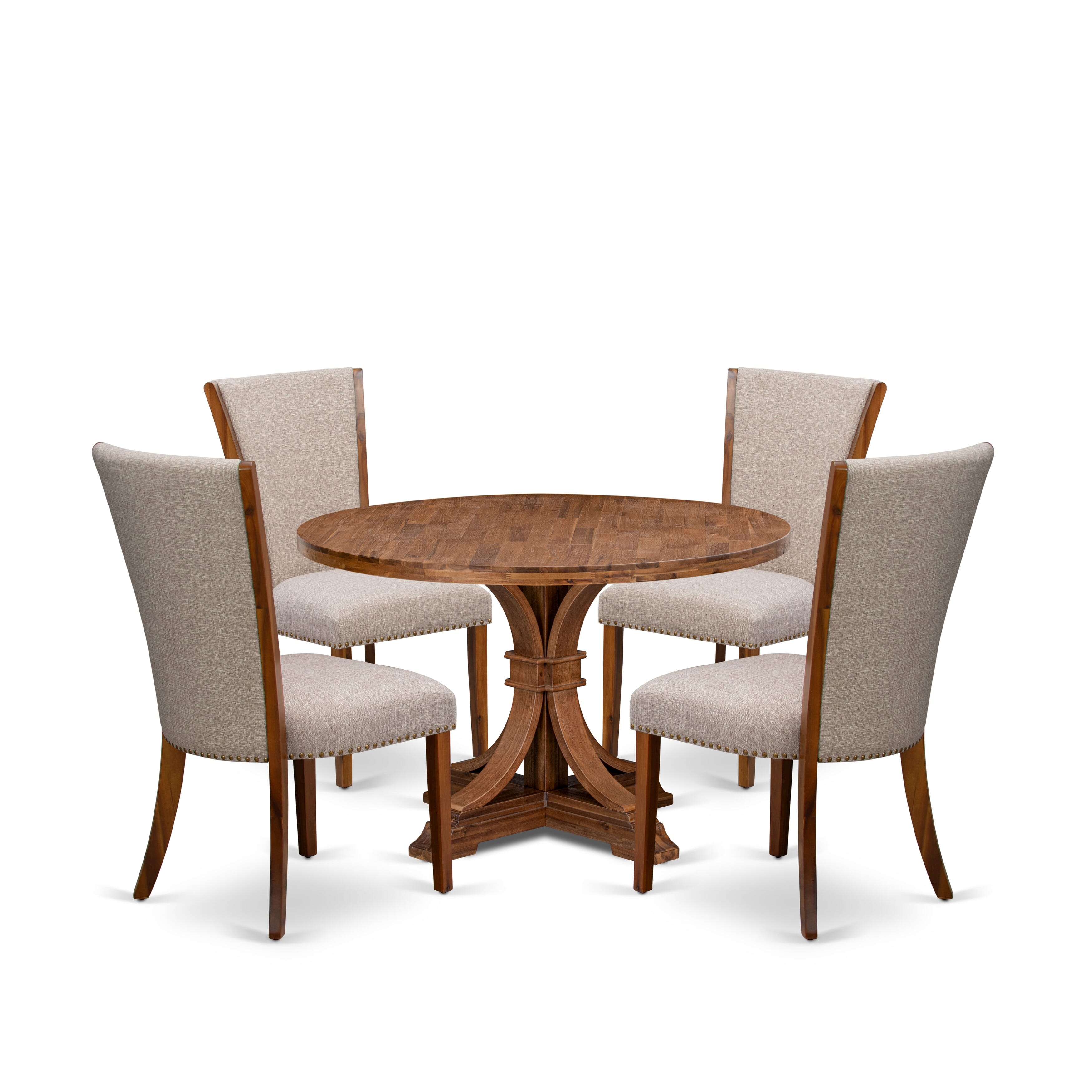 Luxe by East West Furniture I7VE5-40N-04 5 Piece Dinette Set Consists of a 48" Round Dining Table with Pedestal and 4 Light Tan Linen Fabric Parson Chairs, Antique Walnut