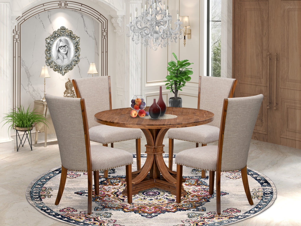 Luxe by East West Furniture I7VE5-40N-04 5 Piece Dinette Set Consists of a 48" Round Dining Table with Pedestal and 4 Light Tan Linen Fabric Parson Chairs, Antique Walnut