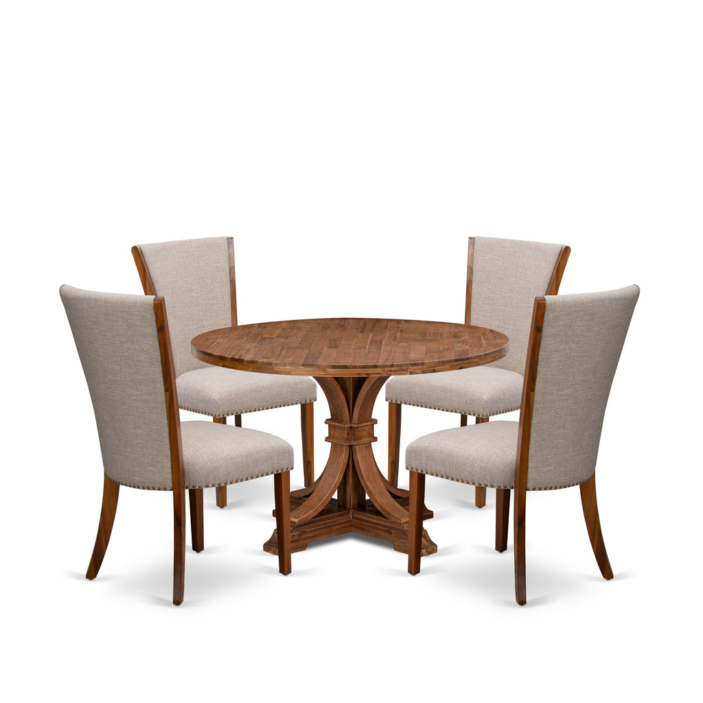 Luxe by East West Furniture I7VE5-40N-04 5 Piece Dinette Set Consists of a 48" Round Dining Table with Pedestal and 4 Light Tan Linen Fabric Parson Chairs, Antique Walnut