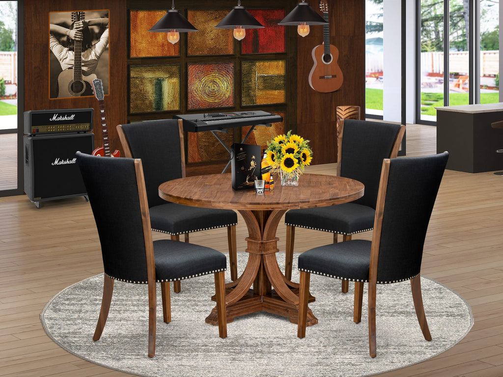 Luxe by East West Furniture I7VE5-40N-24 5 Piece Dining Table Set Includes a 48" Round Kitchen Table with Pedestal and 4 Black Linen Fabric Parson Chairs, Antique Walnut