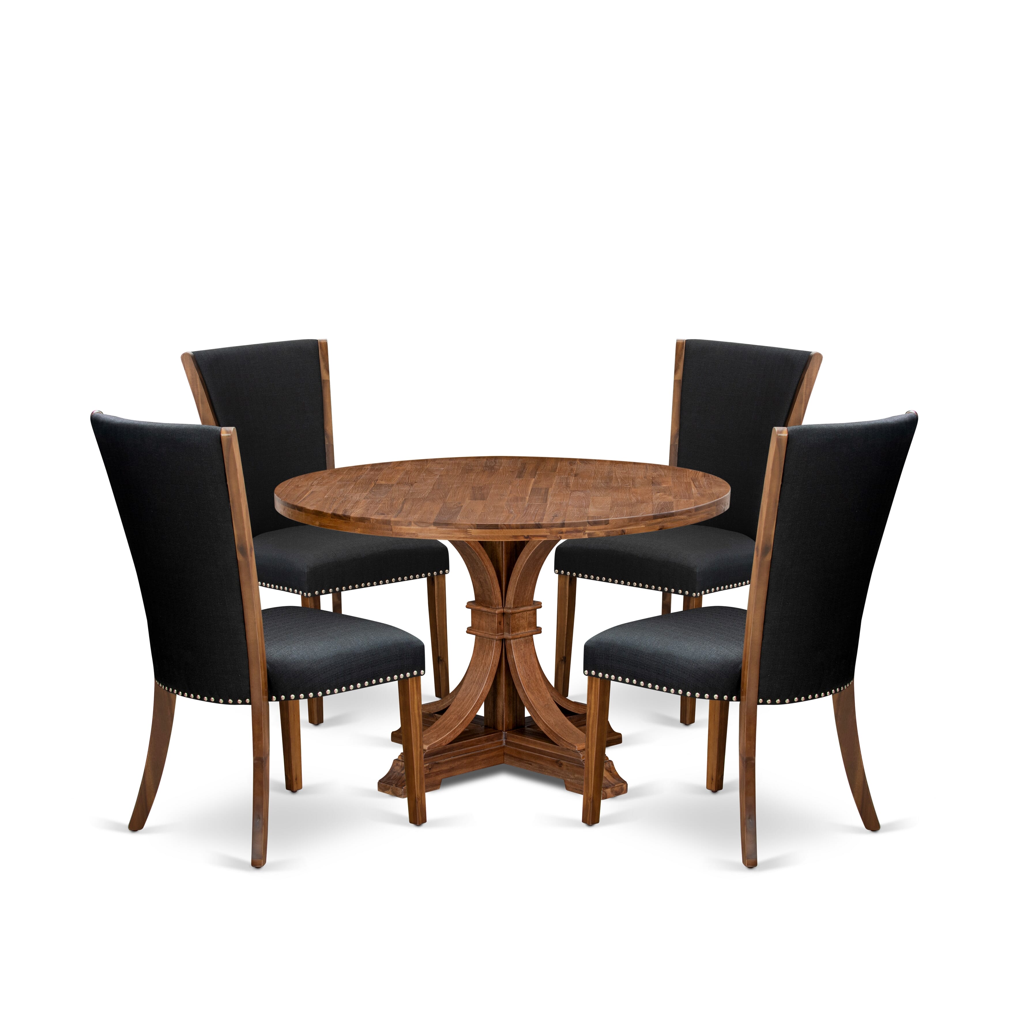 Luxe by East West Furniture I7VE5-40N-24 5 Piece Dining Table Set Includes a 48" Round Kitchen Table with Pedestal and 4 Black Linen Fabric Parson Chairs, Antique Walnut
