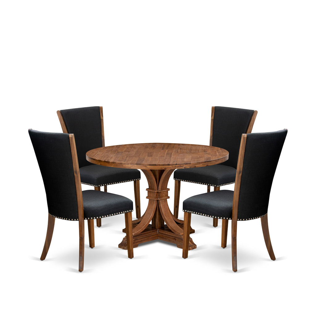 Luxe by East West Furniture I7VE5-40N-24 5 Piece Dining Table Set Includes a 48" Round Kitchen Table with Pedestal and 4 Black Linen Fabric Parson Chairs, Antique Walnut