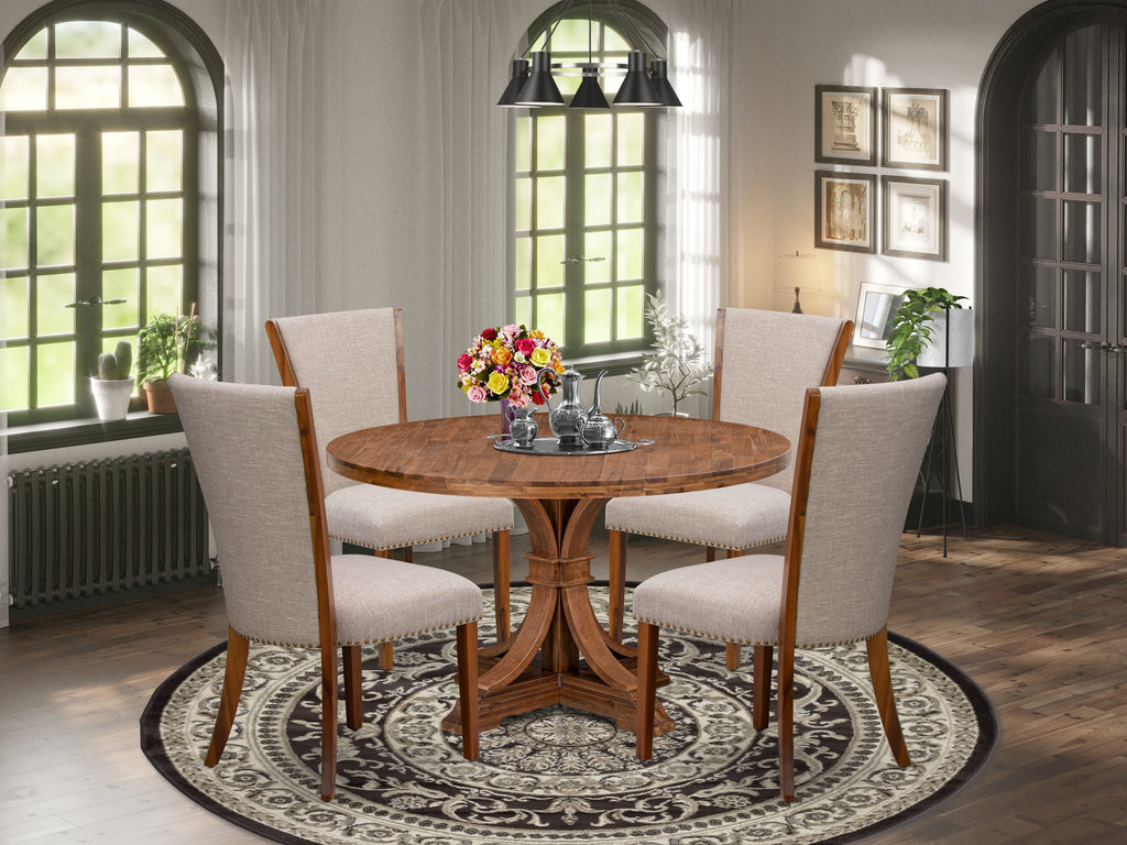 Luxe by East West Furniture I7VE5-50N-04 5 Piece Dinette Set for 4 Includes a 54" Round Table with Pedestal and 4 Light Tan Linen Fabric Parson Chairs, Antique Walnut